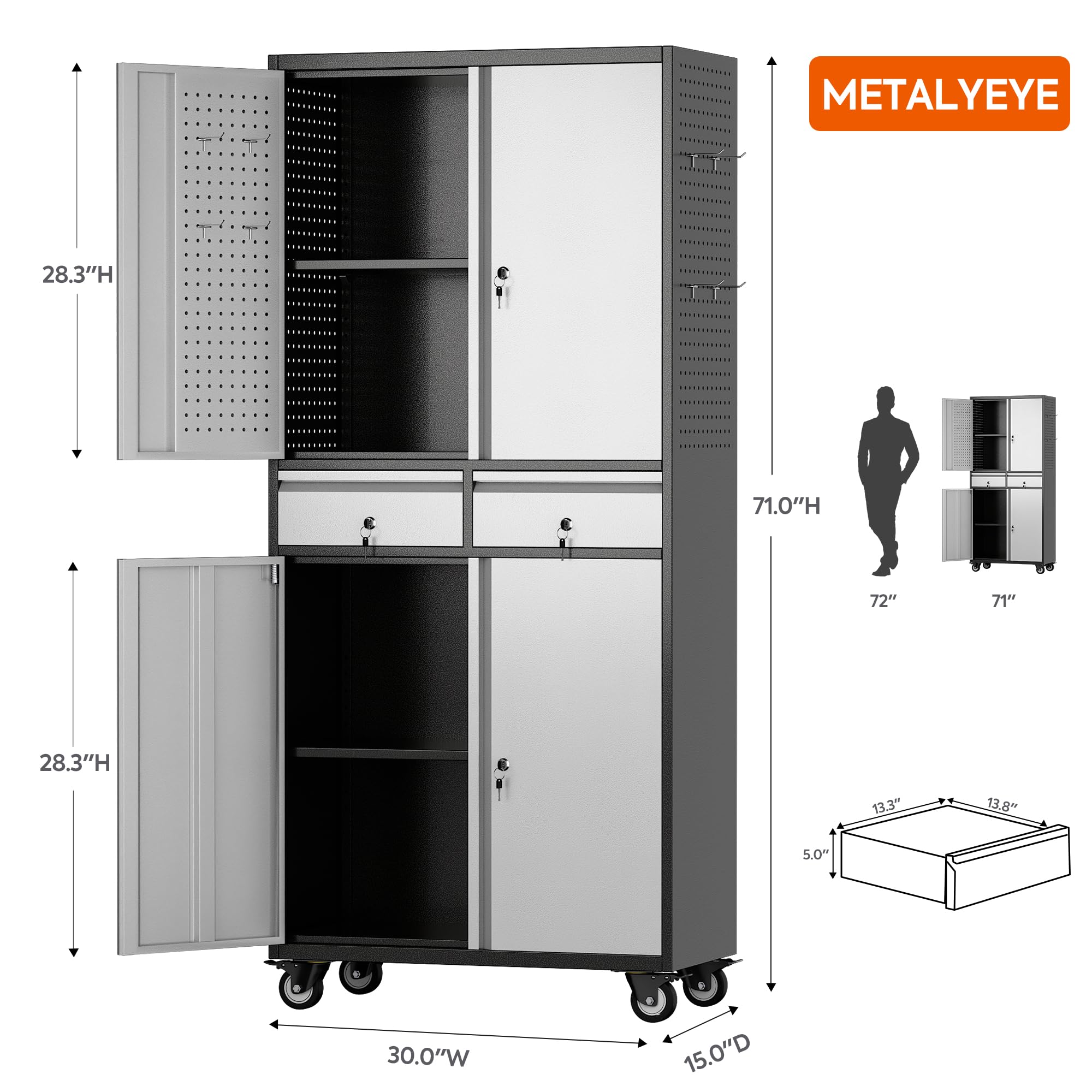 Aobabo Heavy Duty Metal Storage Cabinet with 2 Locking Drawers & Pegboard - Steel Rolling Tool Organizer with 8 Hooks & 2 Adjustable Shelves for Garage, Workshop, Home Office & Kitchen Organization (Black Gray, Assembly Required) - Perfect for Tool Storage, Workshop Organization & Home Improvement Projects