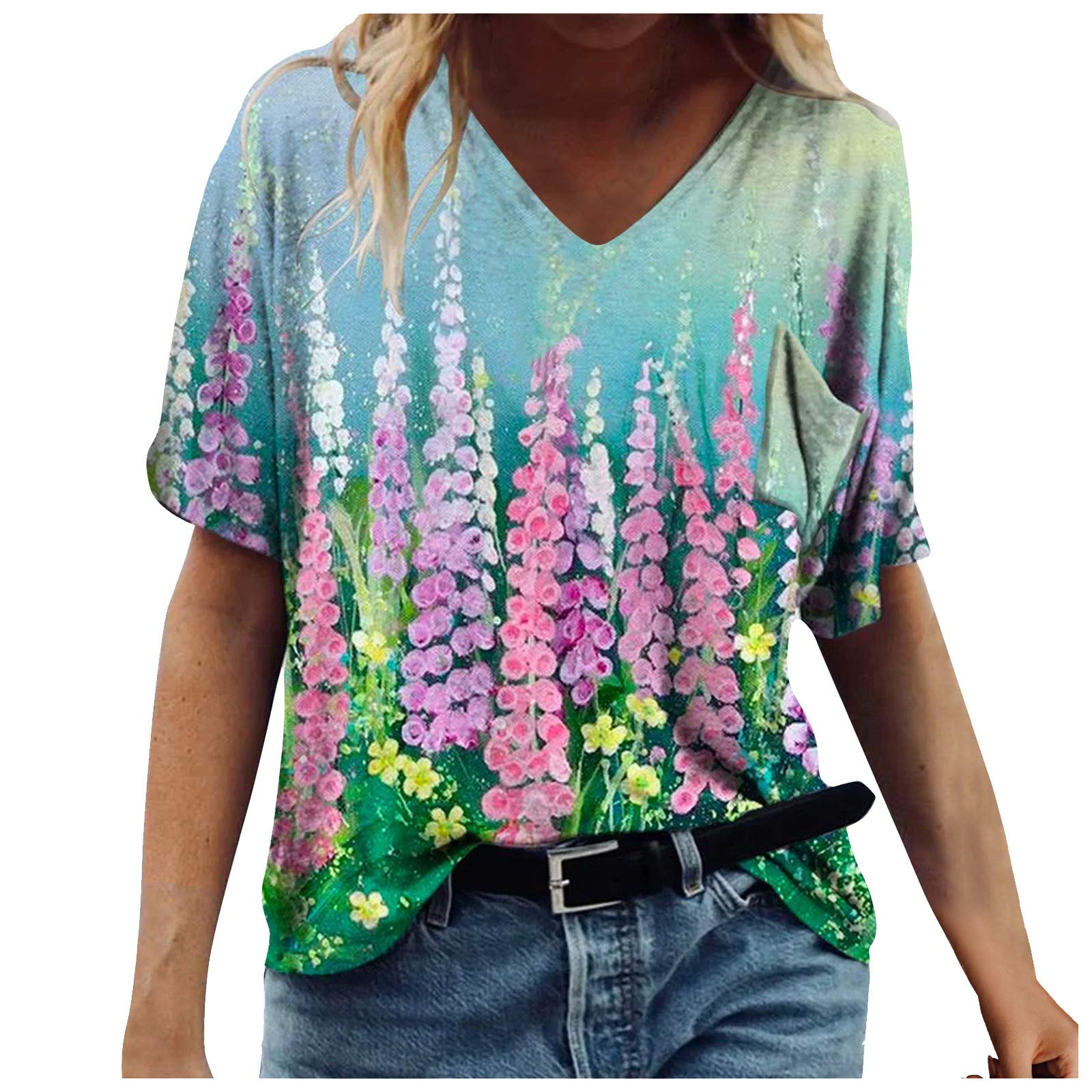 Women's Summer Short Sleeve V-Neck Casual T-Shirt - Floral Printed Tee Top for Women - Perfect for Beach Outings, Vacation Wear & Everyday Comfort