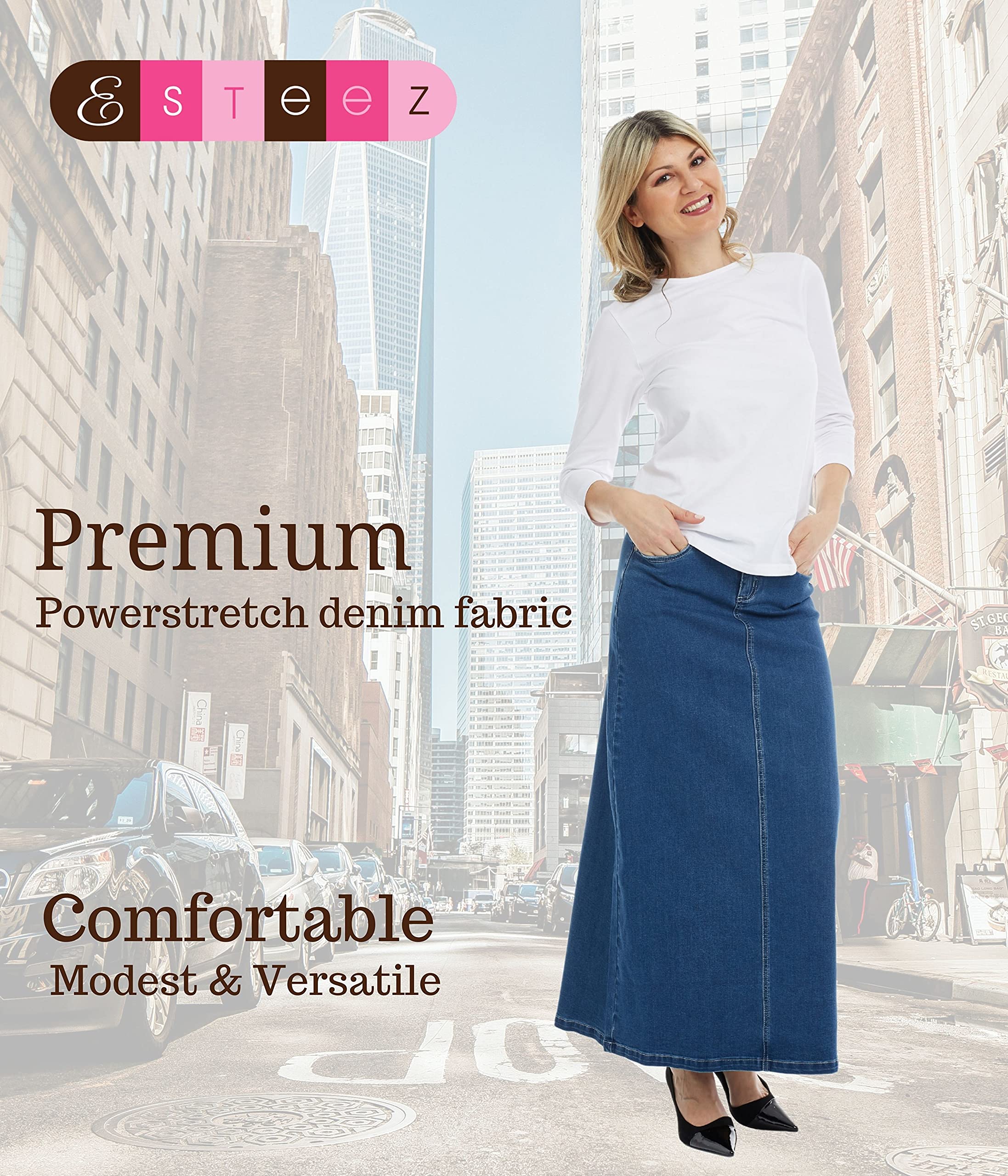 ESTEEZ Women's Stretchy Denim Maxi Skirt - Long A-Line Jean Skirt for Women | Casual & Boho Style | Perfect for Summer Outfits, Beach Vacations & Date Nights