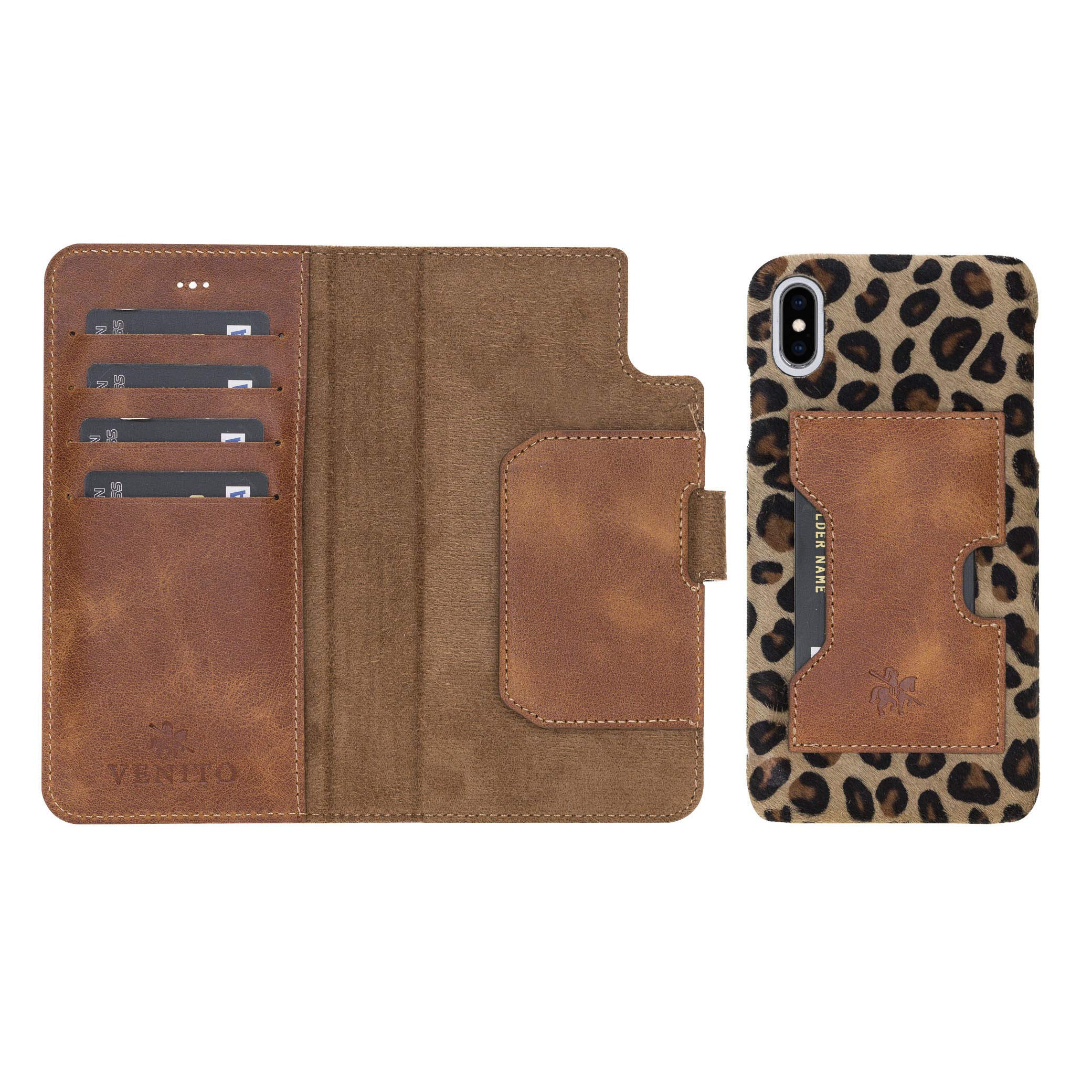 Venito Florence Genuine Leather Wallet Phone Case for iPhone Xs Max - RFID Blocking for Security - Detachable Design - Furry Leopard Print (Perfect for Travel, Shopping & Daily Use)