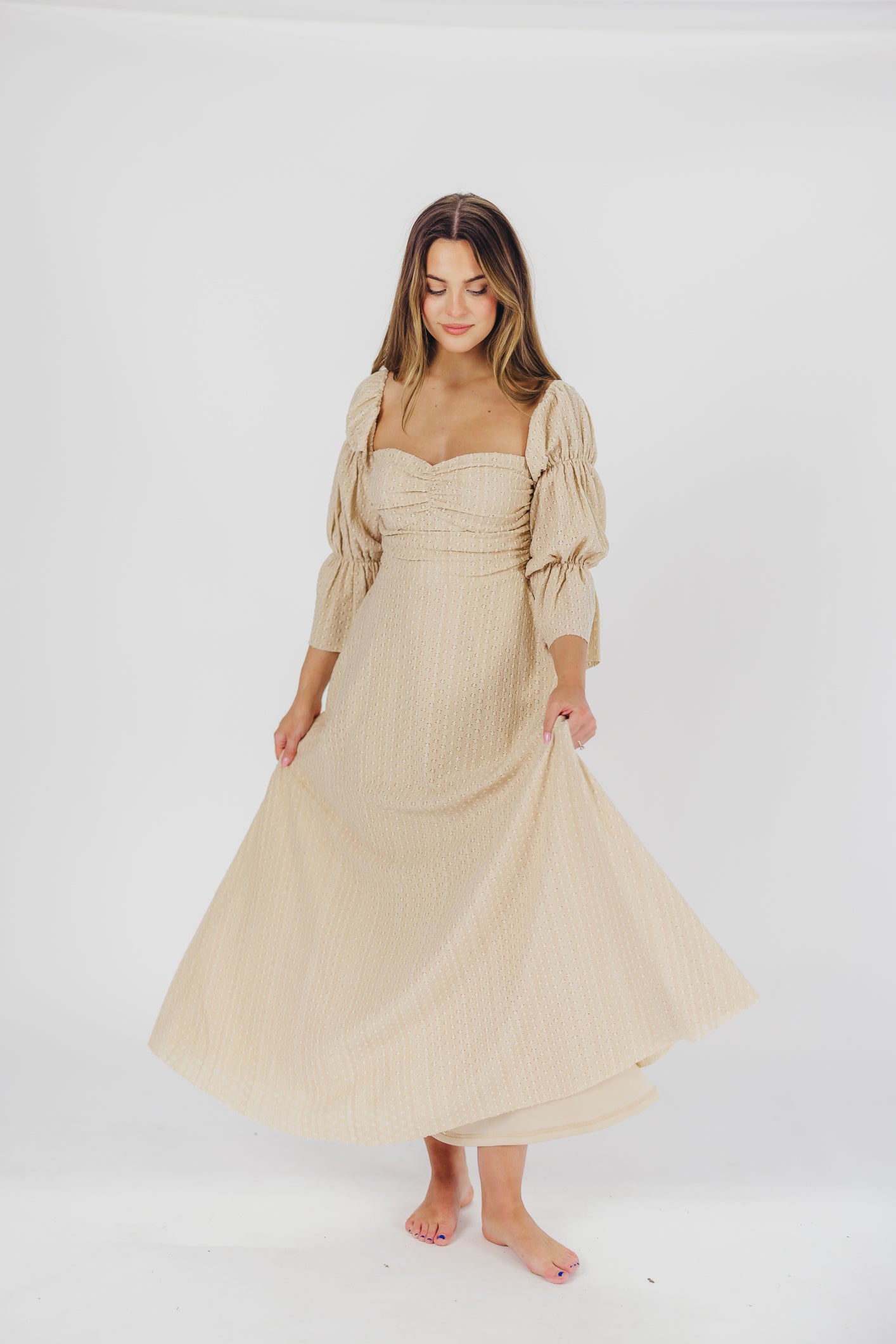 Corrine Tiered Sleeve Maxi Dress with Pockets - Bump Friendly Maternity Dress in Beige | Perfect for Pregnancy, Nursing, and Special Occasions