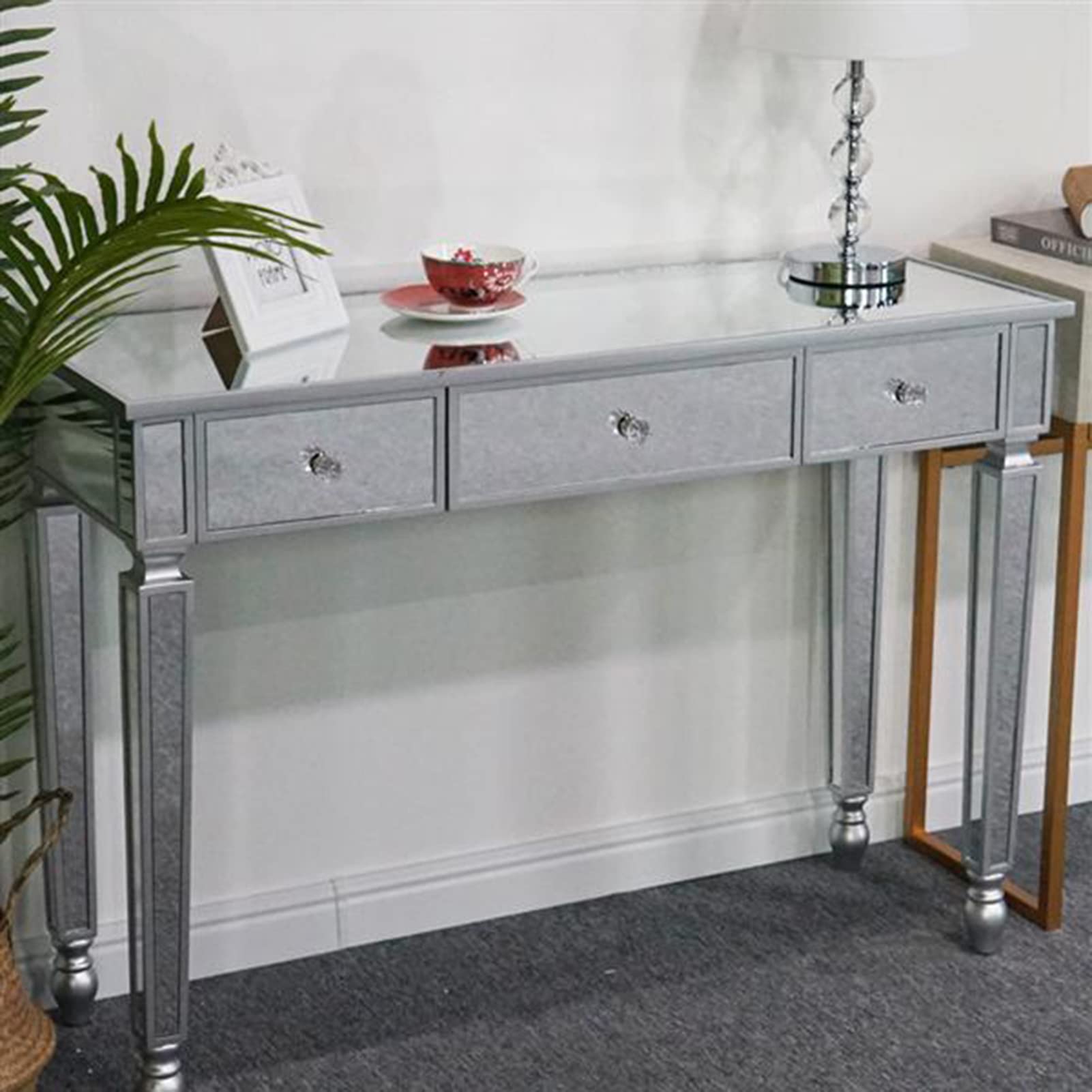 Mirrored Console Side Desk - Silver Makeup Vanity Dressing Table with 3 Drawers for Women | Modern Home Office Writing Desk for Living Room, Bedroom, Bathroom & Entryway | Perfect for Makeup, Dressing, Work & Home Decor
