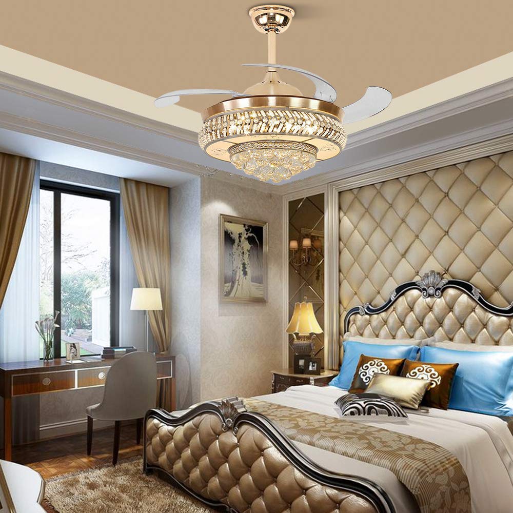 Modern Retractable Crystal Ceiling Fan with LED Light & Remote Control - 42 Inch Dimmable 3-Speed Smart Fan for Living Room, Bedroom, Office - Gold Finish | Energy Efficient Cooling & Stylish Home Decor