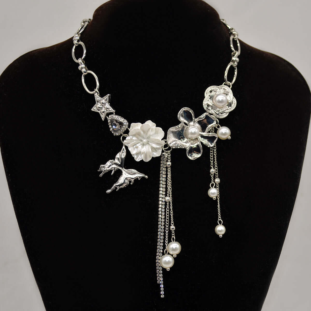 Y2K Metallic Butterfly Pearl Choker Necklace with Tassel - Vintage 90s Retro Fashion Jewelry for Women | Perfect for Parties, Concerts & Festivals