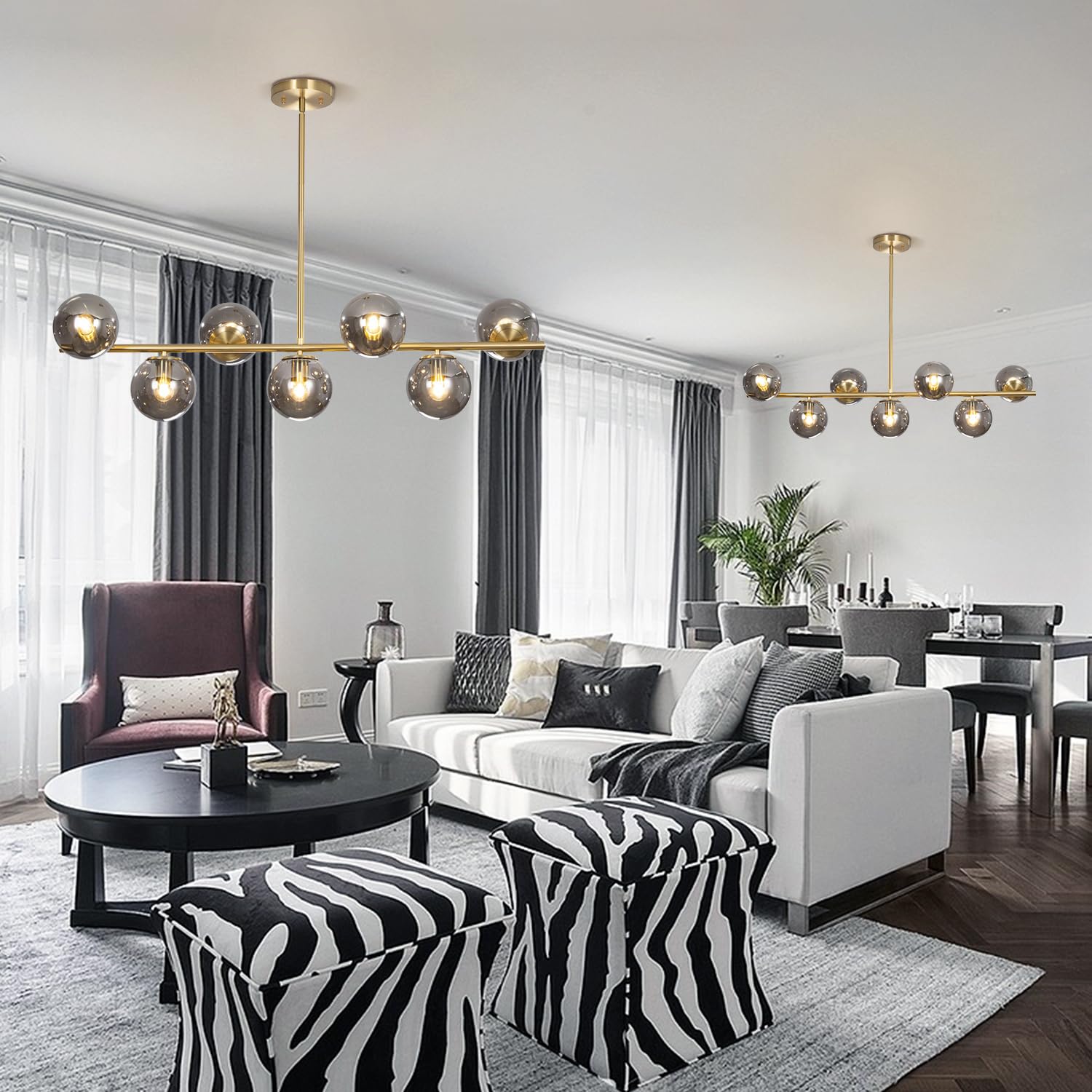 Mid Century Modern Brass Linear Chandelier with Smoke Glass Pendant - Large Gold Globe Chandelier for Dining Room Lighting | Perfect for Contemporary Dining Rooms, Kitchens & Entryways