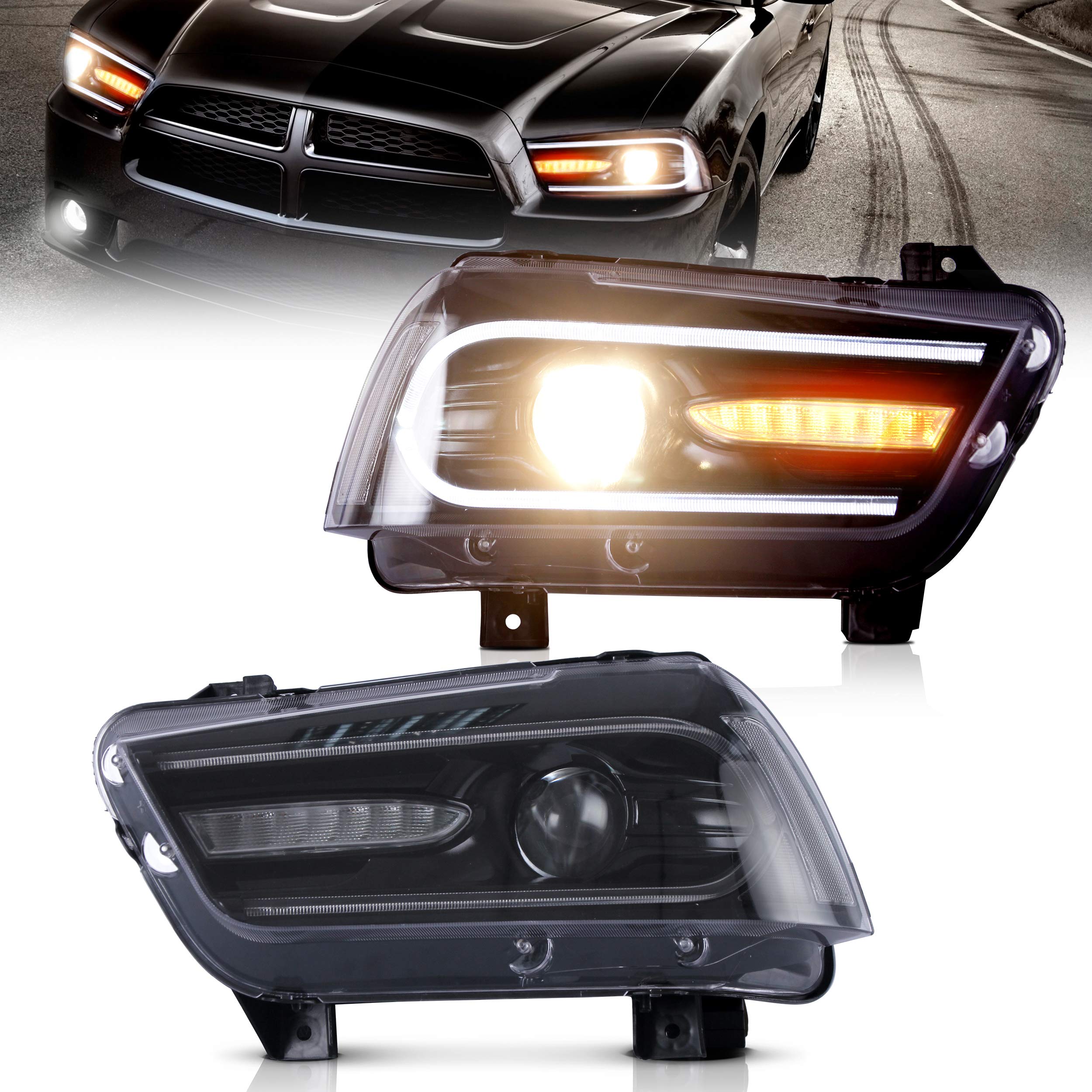 VLAND Headlight Assembly Compatible with 2011-2014 Dodge Charger (LD) Pre-Facelift Models - Excludes 2012 SE - Plug & Play Direct Replacement - Perfect for Night Driving & Car Upgrades