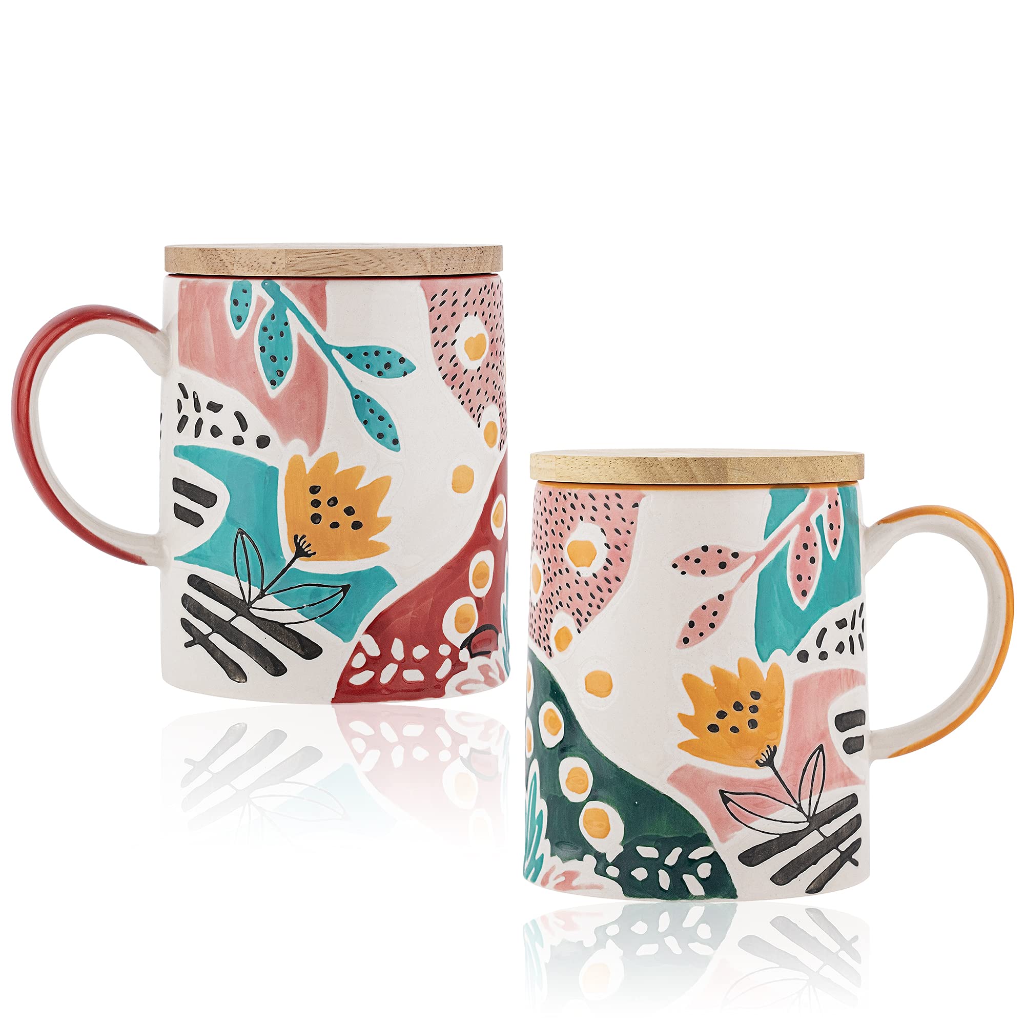 Taimei Teatime Ceramic Coffee Mug with Lid - Set of 2, 17.6oz Large Handled Mugs for Coffee, Latte & Tea - Handpainted Floral Design, Dishwasher & Microwave Safe - Perfect for Home, Office & Gifts