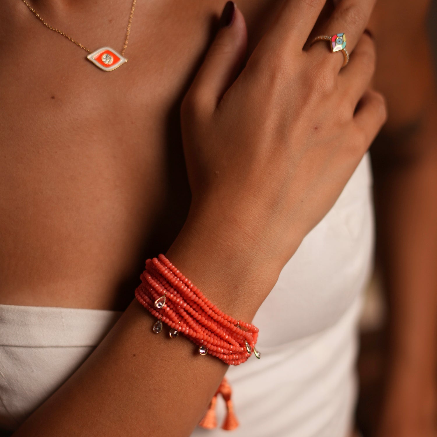 Crystal & Diamond Multi Strand Orange Adjustable Bracelet for Women - Elegant Fashion Jewelry Gift for Parties, Weddings & Special Occasions