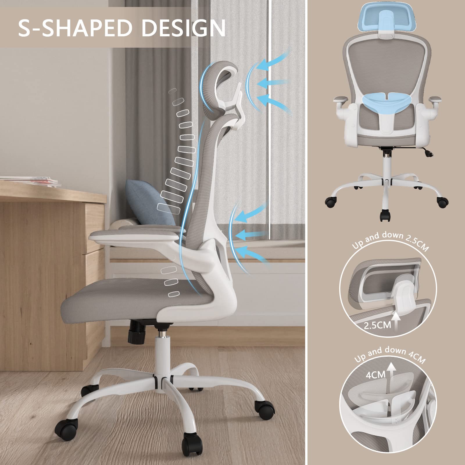 Ergonomic High Back Office Chair with Adjustable Lumbar Support & Headrest - Breathable Mesh Desk Chair, Swivel Task Chair with Flip-Up Armrests - Perfect for Home Office & Executive Workspaces