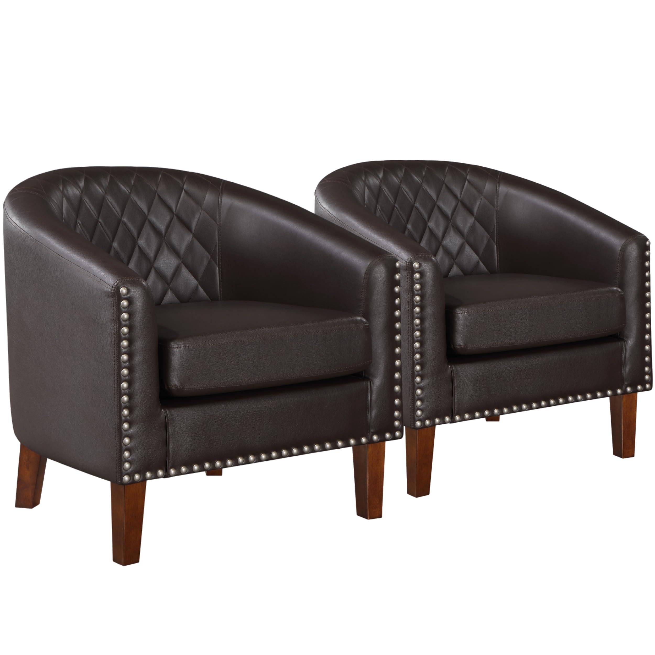Premium Faux Leather Barrel Accent Chair Set of 2 - Comfortable Living Room Club Chairs with Cushion, Diamond Grid Backrest & Nailhead Trim - Perfect for Home Office, Bedroom, Guest Room & Waiting Areas (Brown) - Great for Relaxing, Reading or Adding Elegant Seating to Any Space