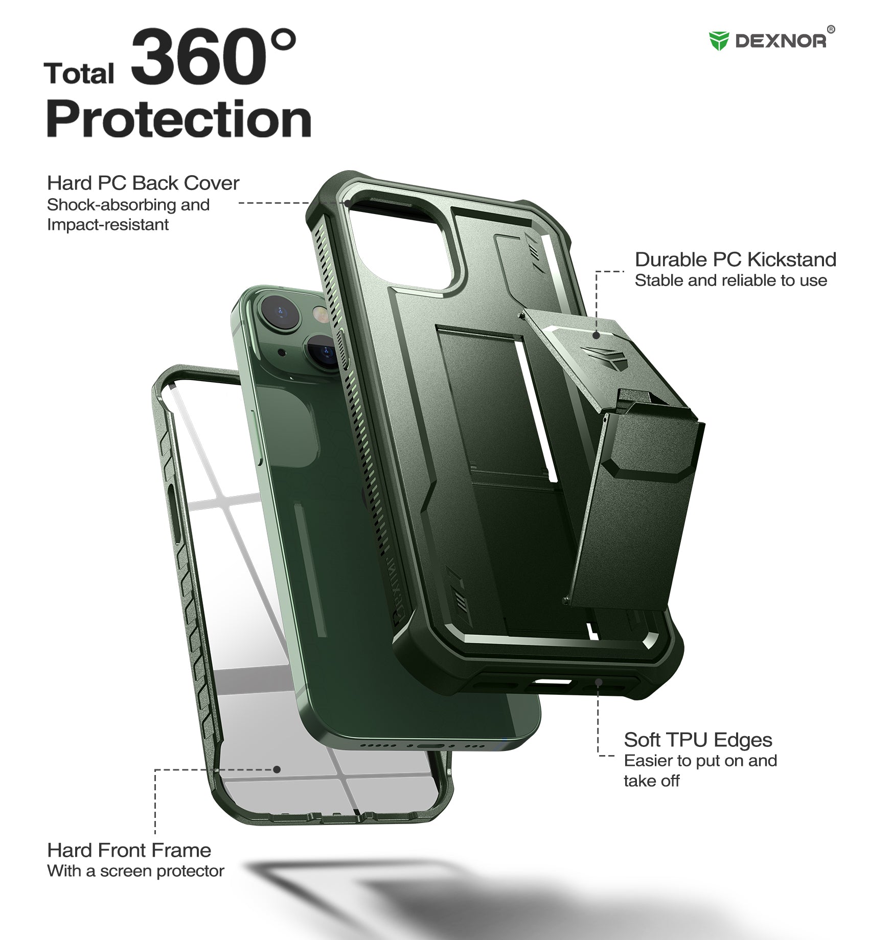 Dexnor Heavy Duty Shockproof iPhone 14/13 Case with Built-in Screen Protector & Adjustable Kickstand - Perfect for Outdoor Adventures, Work, and Travel Protection