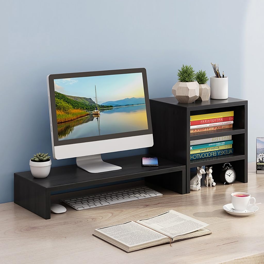 Tyewomiy 3-Tier Monitor Stand for Computer, Laptop & Printer - Black Desktop Organizer with Storage Shelves (75.7x25x27.6cm) - Perfect for Home Office & Workspace Organization