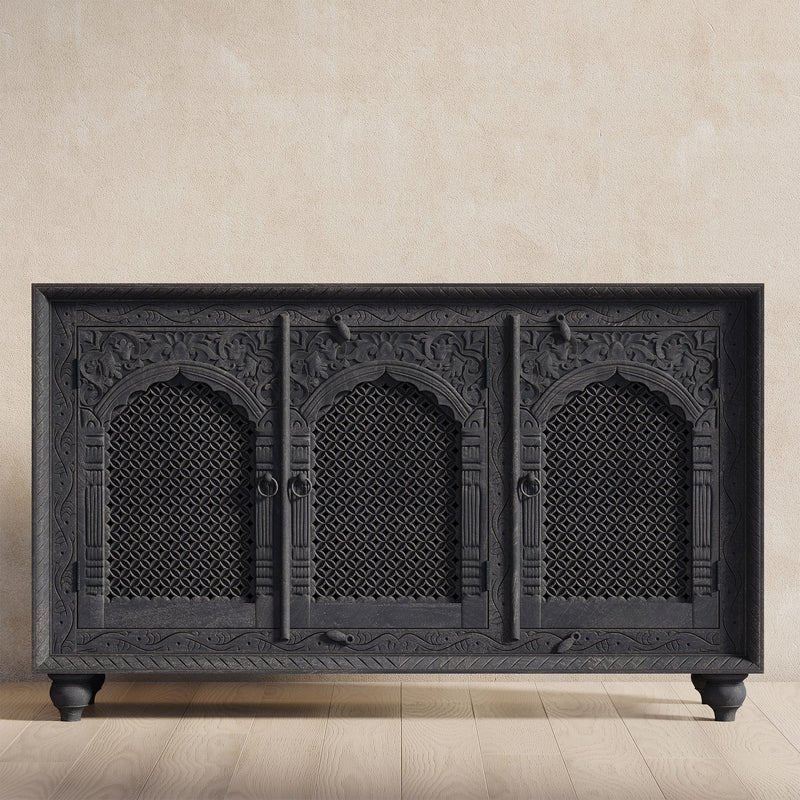 Distressed Black Carved Wooden Sideboard Buffet Table - Rustic Farmhouse Dining Room Storage & Serving Furniture for Home Decor