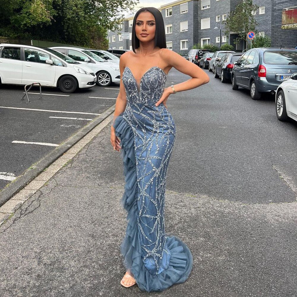 Elegant Blue Arabic Evening Dresses for Women - Luxury Beaded Mermaid Gowns for Parties & Special Occasions - Serene Hill Collection LA71760 - Perfect for Weddings, Galas & Formal Events