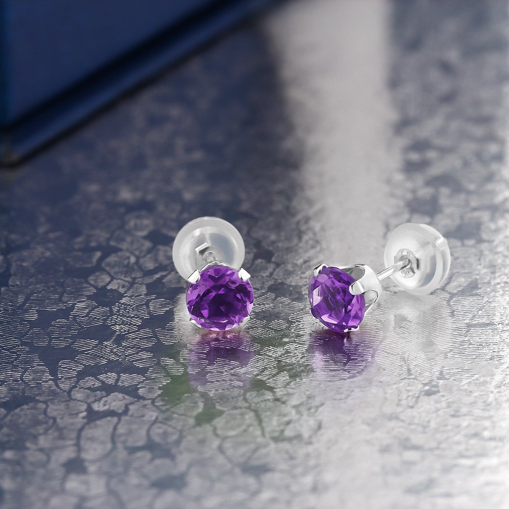 1.00 Cttw 14K White Gold Purple Amethyst Stud Earrings for Women & Men | February Birthstone Jewelry | Round 5MM Gemstone Earrings | Perfect Gift for Anniversary, Valentine's Day & Special Occasions