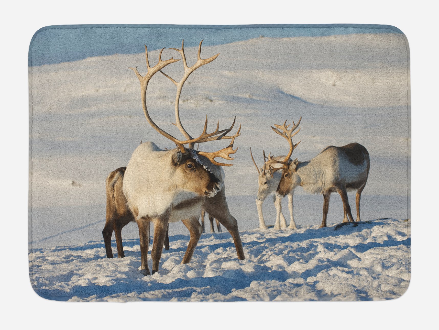 Ambesonne Winter Bath Mat - Non-Slip Plush Bathroom Rug with Reindeer & Northern Norway Wildlife Design, 30.2 x 20 Inches, Brown Ivory Blue - Cozy Home Decor for Christmas & Winter Season