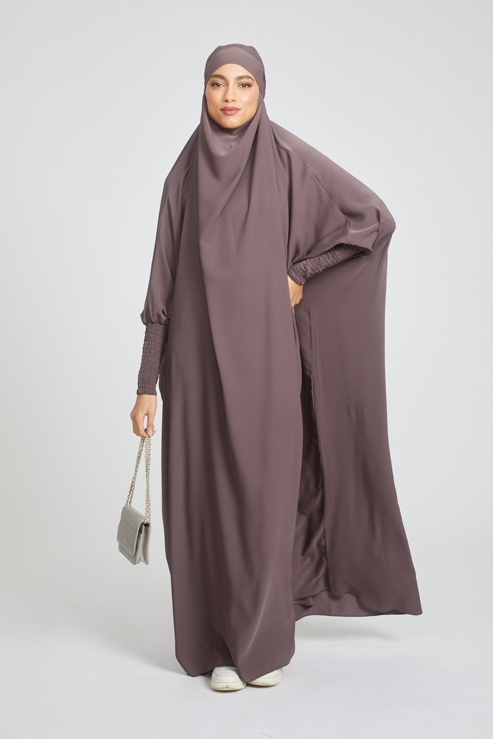 One Piece Full Length Jilbab Prayer Abaya in Smoked Mauve - Modest Islamic Dress for Women, Perfect for Prayer, Mosque, and Daily Wear