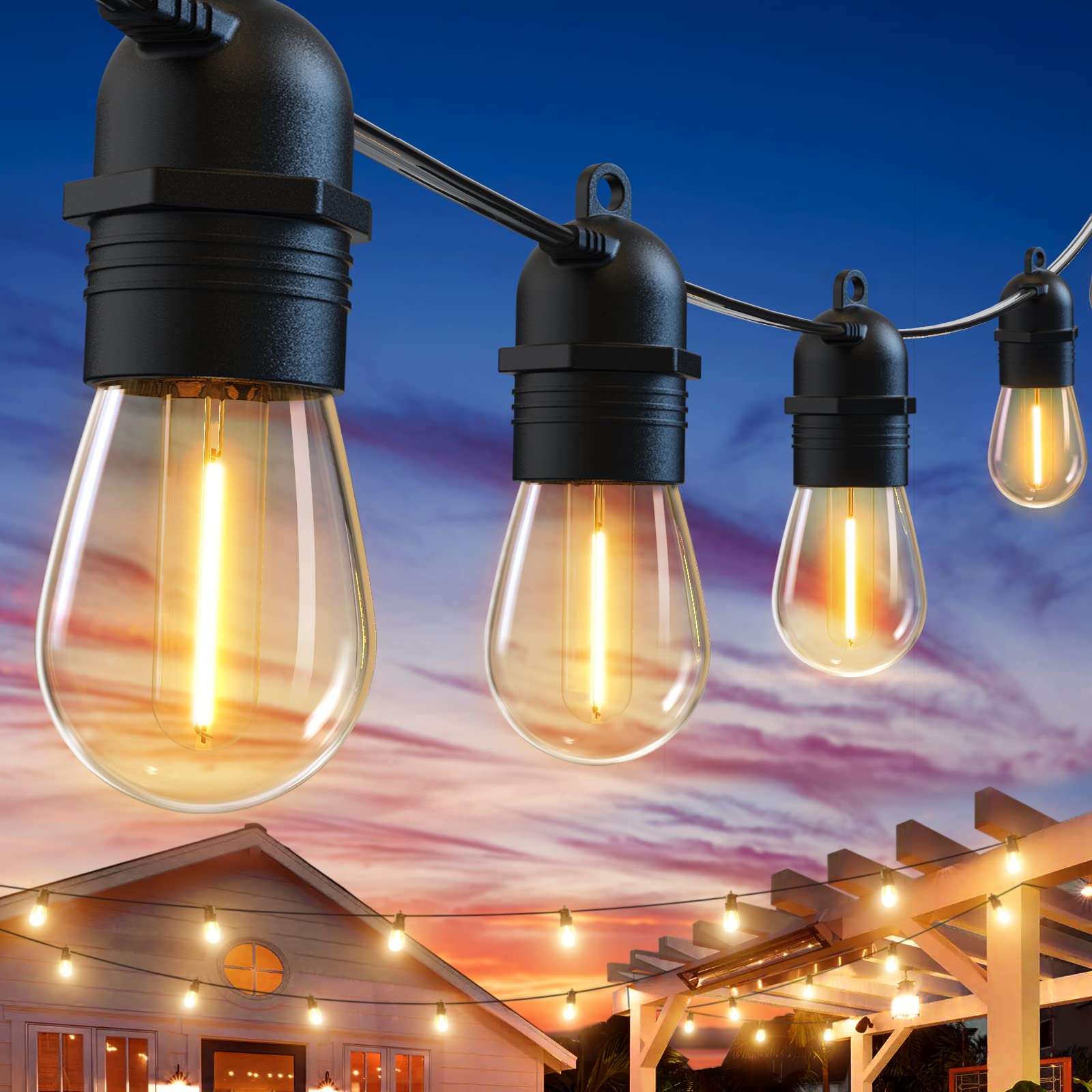 Novtech 101FT 30+2 Bulbs Outdoor String Lights - IP65 Waterproof LED Patio Lights for Gazebo, Backyard, Bistro, Cafe, Deck, Pergola, Balcony & Garden - Connectable Shatterproof Hanging Lights for Wedding, Party & Outdoor Decor (Warm White) - Perfect for Evening Gatherings, Romantic Dinners & Holiday Celebrations