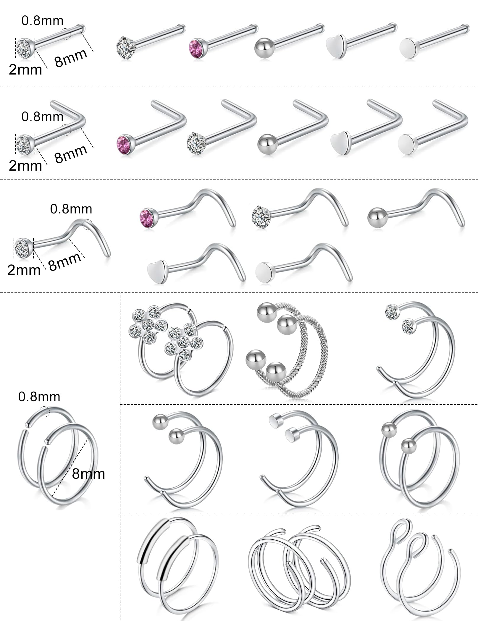 20G 316L Stainless Steel Nose Rings - L Shape Hoop Studs & Screw Bone Nose Rings for Women & Men (38Pcs) - Perfect for Piercing Jewelry, Gifts, and Everyday Wear