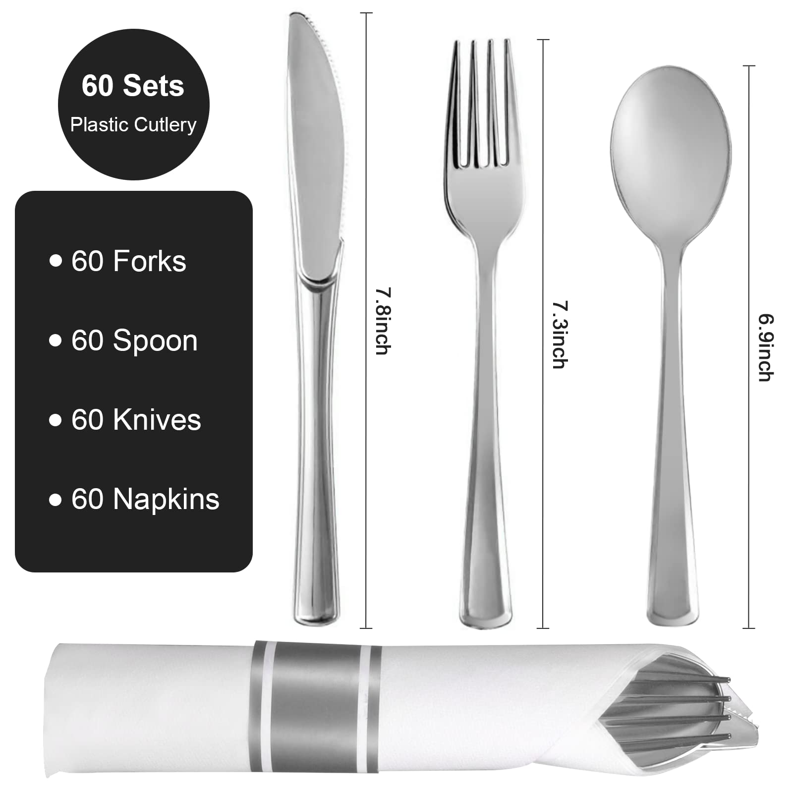 60-Piece Disposable Heavy Duty Plastic Silverware Set - Pre-Rolled Silver Plastic Cutlery with Napkins (60 Forks, 60 Knives, 60 Spoons) for Wedding, Party, Catering & Outdoor Events - Bulk Utensils for Dinner, Picnic & Office Use