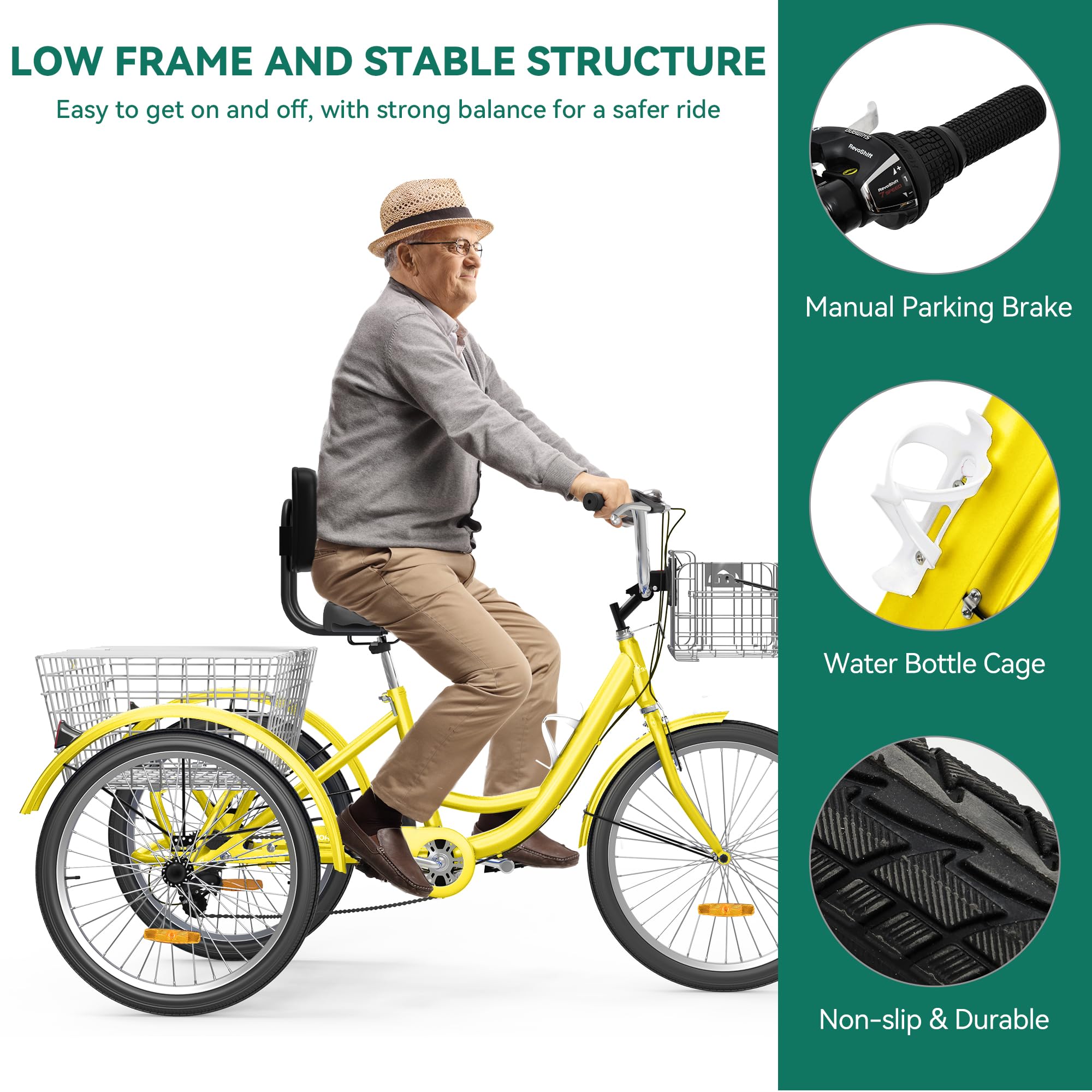 YITAHOME 24 & 26 Inch Adult Tricycle - 1 & 7 Speed 3 Wheel Bike with Large Cushioned Seat & Backrest, Front & Rear Baskets - Stable & Comfortable Cruiser Trike for Seniors, Women & Men - Perfect for Commuting, Picnics, Grocery Shopping & Outdoor Recreation