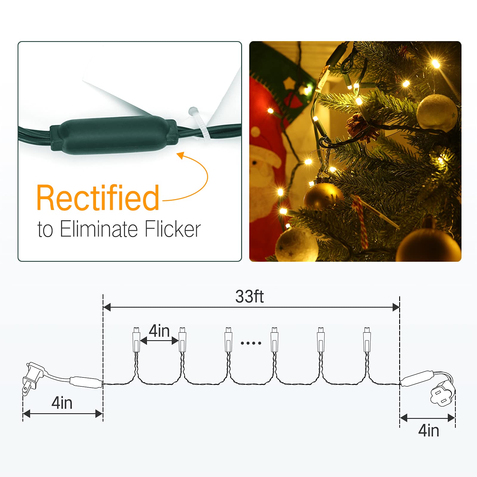 Brizled 33ft 100 LED Christmas Tree Lights - Warm White Connectable String Lights with 5mm Wide Angle Bulbs, UL Certified 120V for Indoor & Outdoor Holiday Decor - Perfect for Christmas Trees, Parties, and Home Decoration