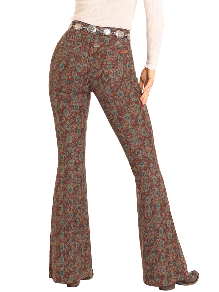 Rock & Roll Denim Women's Reversible Aztec Print Button Flare Pants - Brown | Boho Chic 70s Style Jeans for Casual Wear & Music Festivals