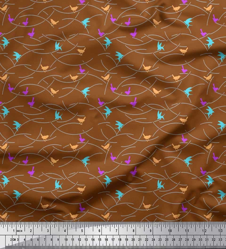 Soimoi Rayon Brown Fabric by The Yard - 56 Inch Wide Artistic Bird Flight Printed Fabric - Playful & Whimsical Bird Motifs - Perfect for DIY Dresses, Curtains, and Home Decor Projects