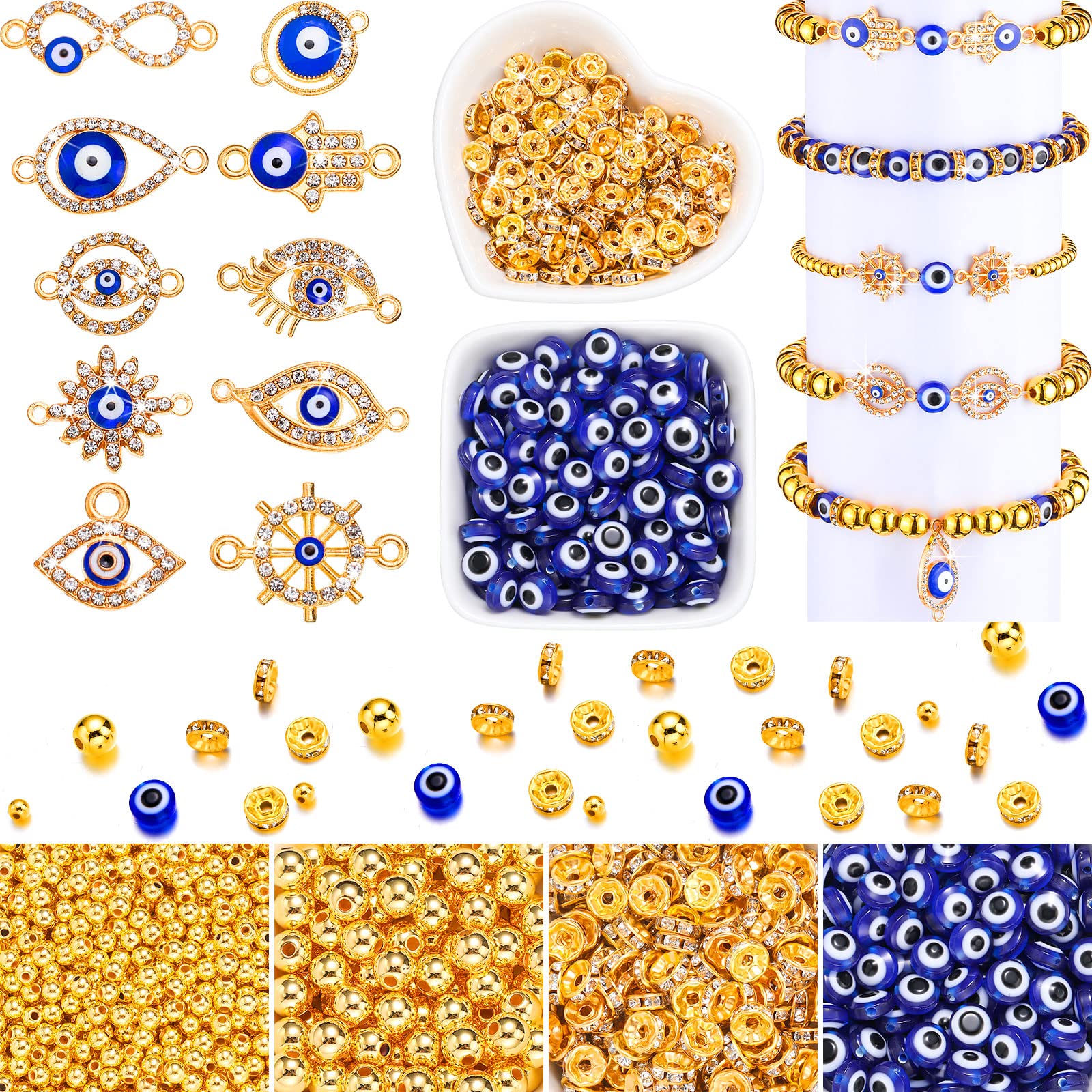 1450 Pcs Evil Eye Beads Kit with Rhinestones - Includes 200 Evil Eye Charms, 20 Hand Charms, 180 Rondelle Spacers, 800 4mm & 250 8mm Round Beads for DIY Jewelry Making - Perfect for Bracelets, Necklaces, Earrings & Home Decor
