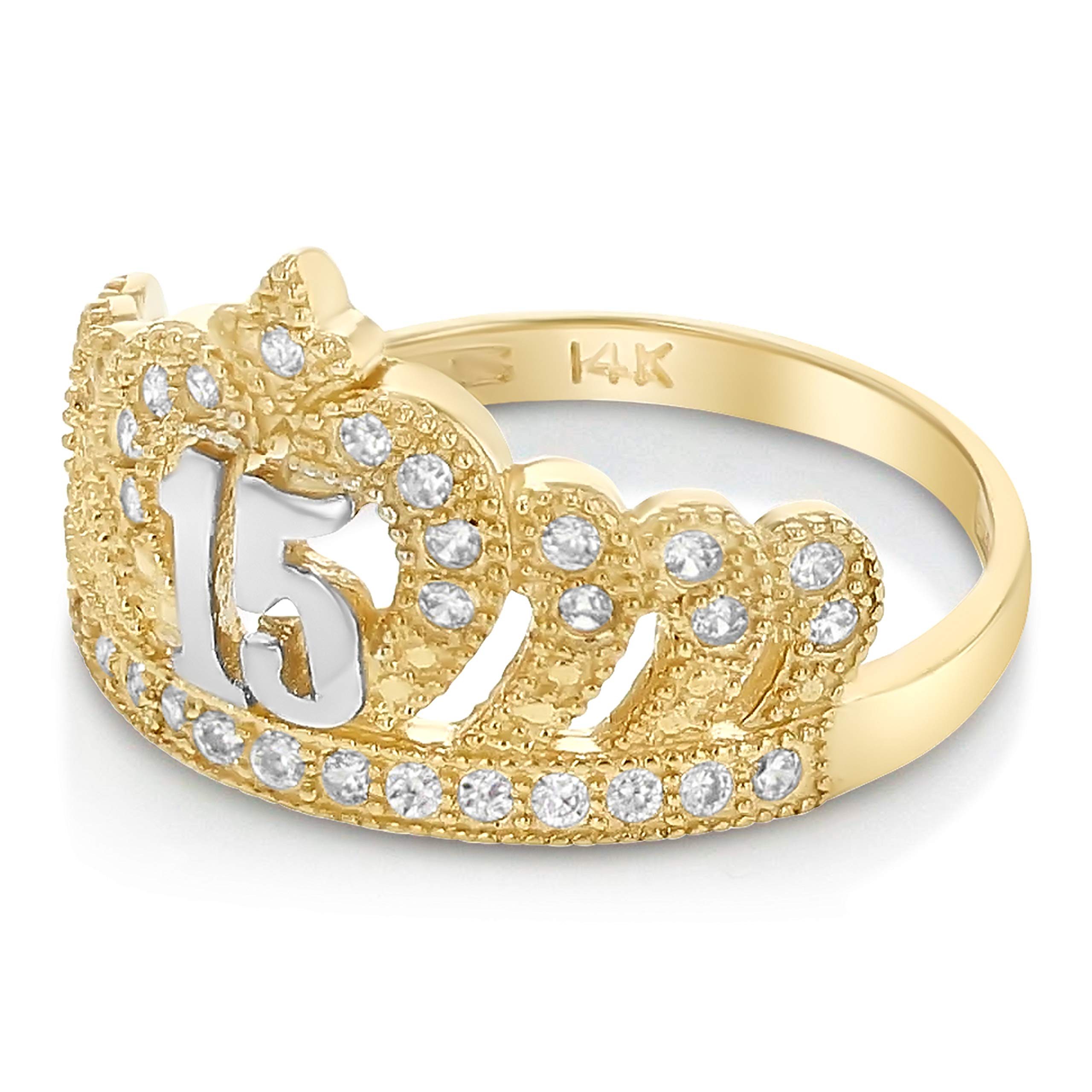 14K Two Tone Solid Gold CZ Princess Ring for 15th Birthday & Quinceañera - Perfect Sweet 16 Gift, Teen Jewelry for Special Occasions
