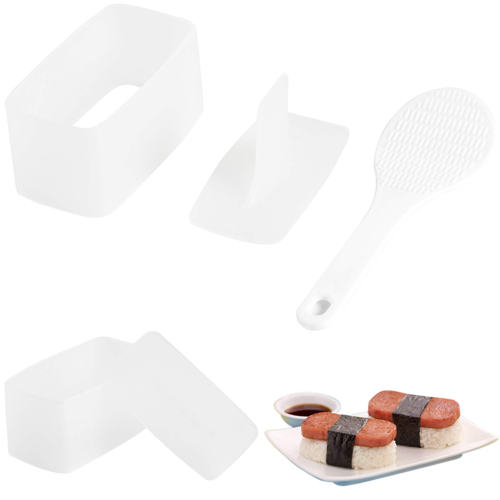 2-Pack Non-Stick Musubi Maker Press with Rice Paddle - Sushi & Onigiri Mold Kit - Hawaiian Spam Musubi Maker for Homemade Sushi, Rice Balls & Luncheon Meat Pressing (White) - Perfect for Meal Prep, Bento Boxes & Hawaiian-Themed Parties