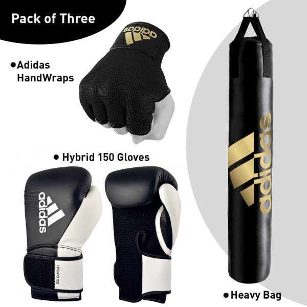 Adidas Heavy Bag Boxing Set with Hybrid 150 Gloves & Protective Inner Gloves - Home Gym Training Bundle for Boxing, Kickboxing & MMA - Red/Gold/White/Black - 10oz/12oz/16oz Gloves & 4ft/5ft Bags - Perfect for Home Workouts, Martial Arts Training & Fitness Routines
