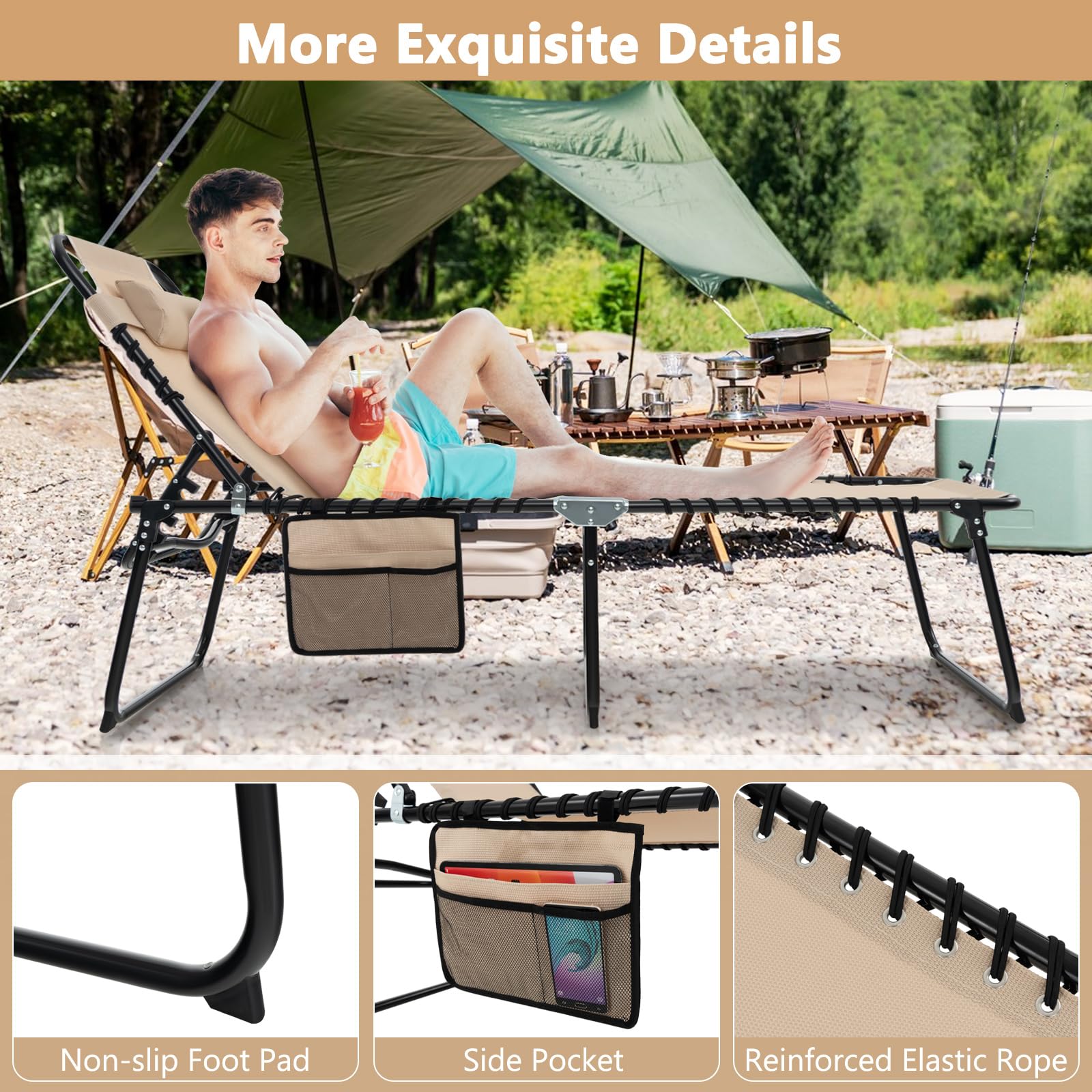 Giantex 2-Pack Folding Patio Lounge Chairs with Headrest - Adjustable Tanning Chairs for Outdoor, Poolside & Beach - 4-Position Recliner with Side Pocket - Perfect for Sunbathing, Camping & Backyard Relaxation - Beige