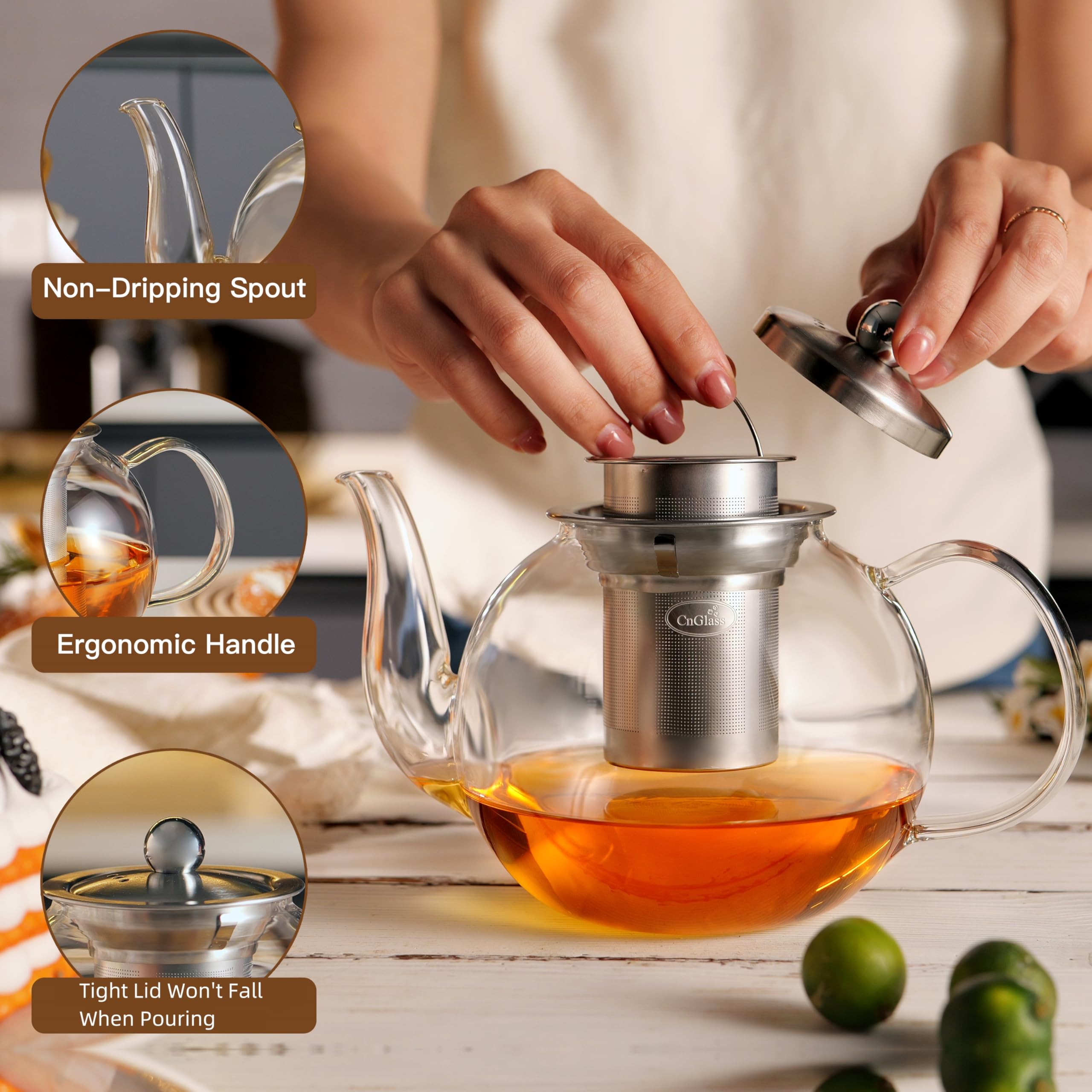 CNGLASS 900ml Glass Teapot with Removable Infuser - Clear Stovetop Safe Tea Kettle for Blooming & Loose Leaf Tea - Perfect for Home, Office & Gift Giving