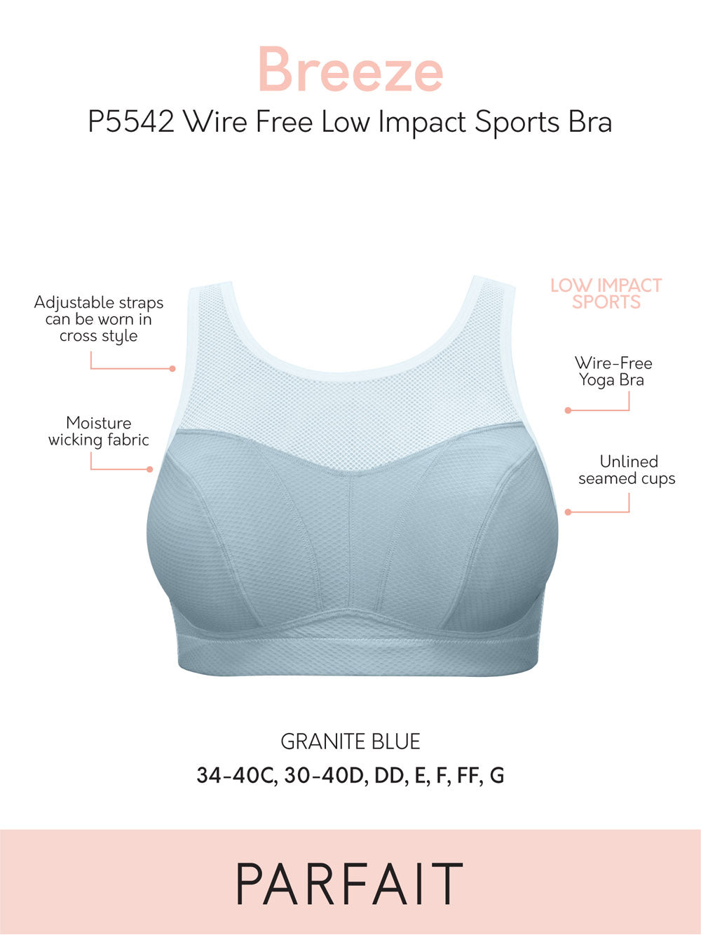 Parfait Breeze Wire Free Low Impact Sports Bra for Women - Comfortable Seamless Yoga Bra in Granite Blue | Perfect for Running, Gym Workouts & Lounge Wear