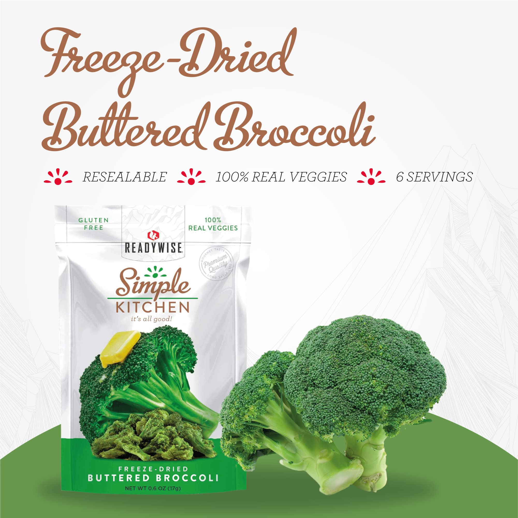 Simple Kitchen FD Buttered Broccoli Single Pouch (6-Pack) | Freeze-Dried Vegetable Snacks for Camping, Hiking & Emergency Food Storage