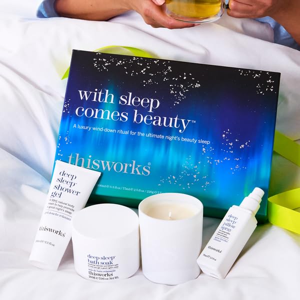 THISWORKS With Sleep Comes Beauty Gift Set - Deep Sleep Pillow Spray, Shower Gel, Body Lotion & Scented Candle with Essential Oils ($122 Value) | Relaxing Bedtime Routine Set for Women, Spa Night Self Care Gift for Her, Luxury Sleep Aid Kit for Better Rest