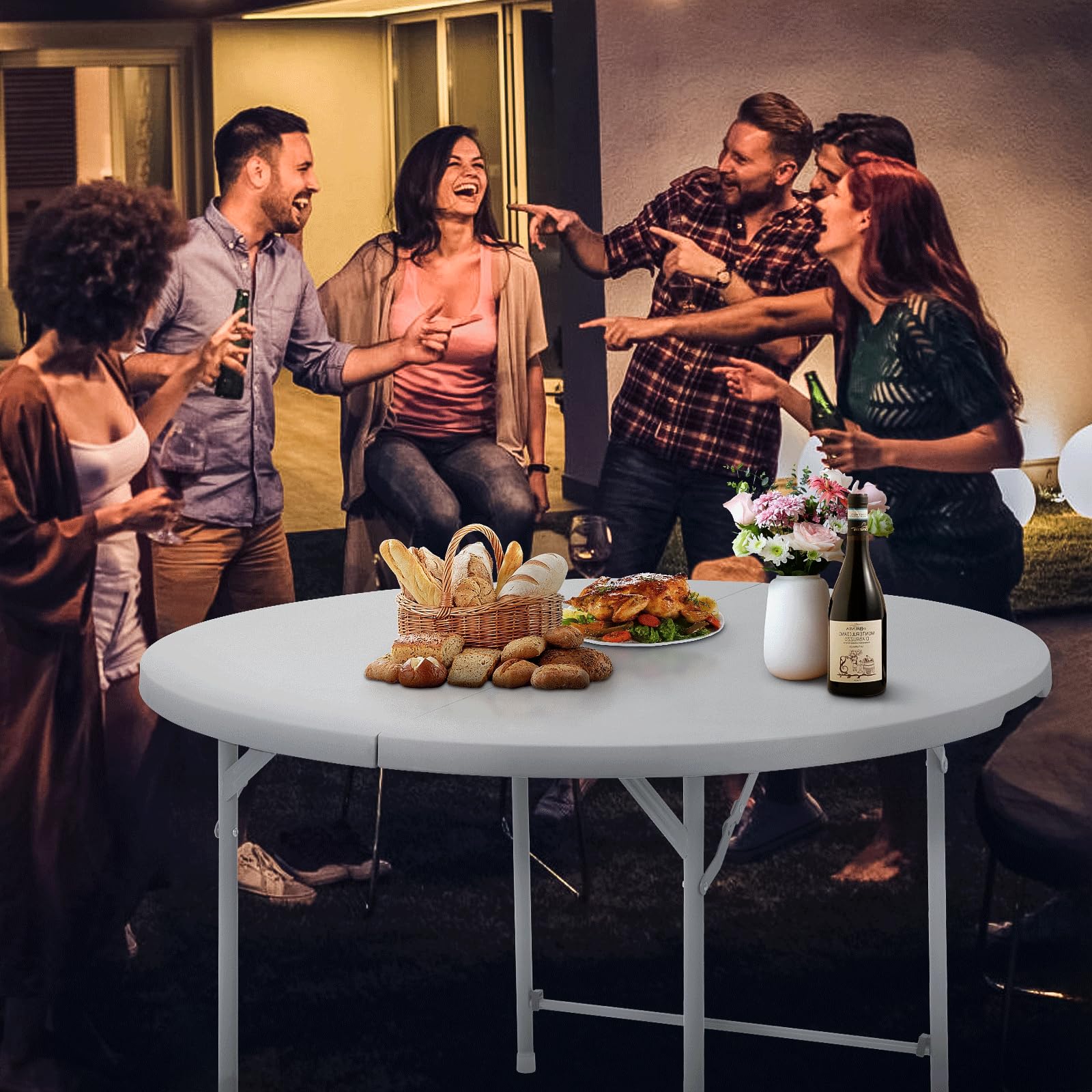 Magshion 60 Inch Round Folding Table - 5 Foot Foldable Plastic Table for Dining, Cards, Parties - Indoor & Outdoor Use - Perfect for Weddings, Events, Picnics & BBQs - White