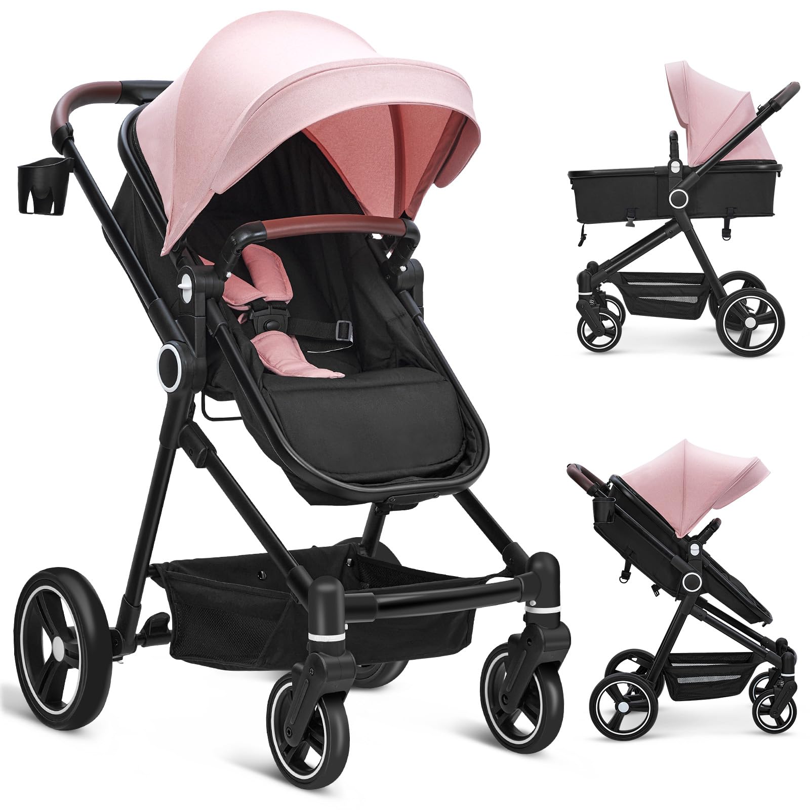 2 in 1 Baby Stroller for Newborn to Toddler (0-3 Years) - Convertible Bassinet Stroller with Large Storage Basket, Shock Absorption & Removable Seat - Includes Cup Holder - Perfect for Walks, Shopping & Travel