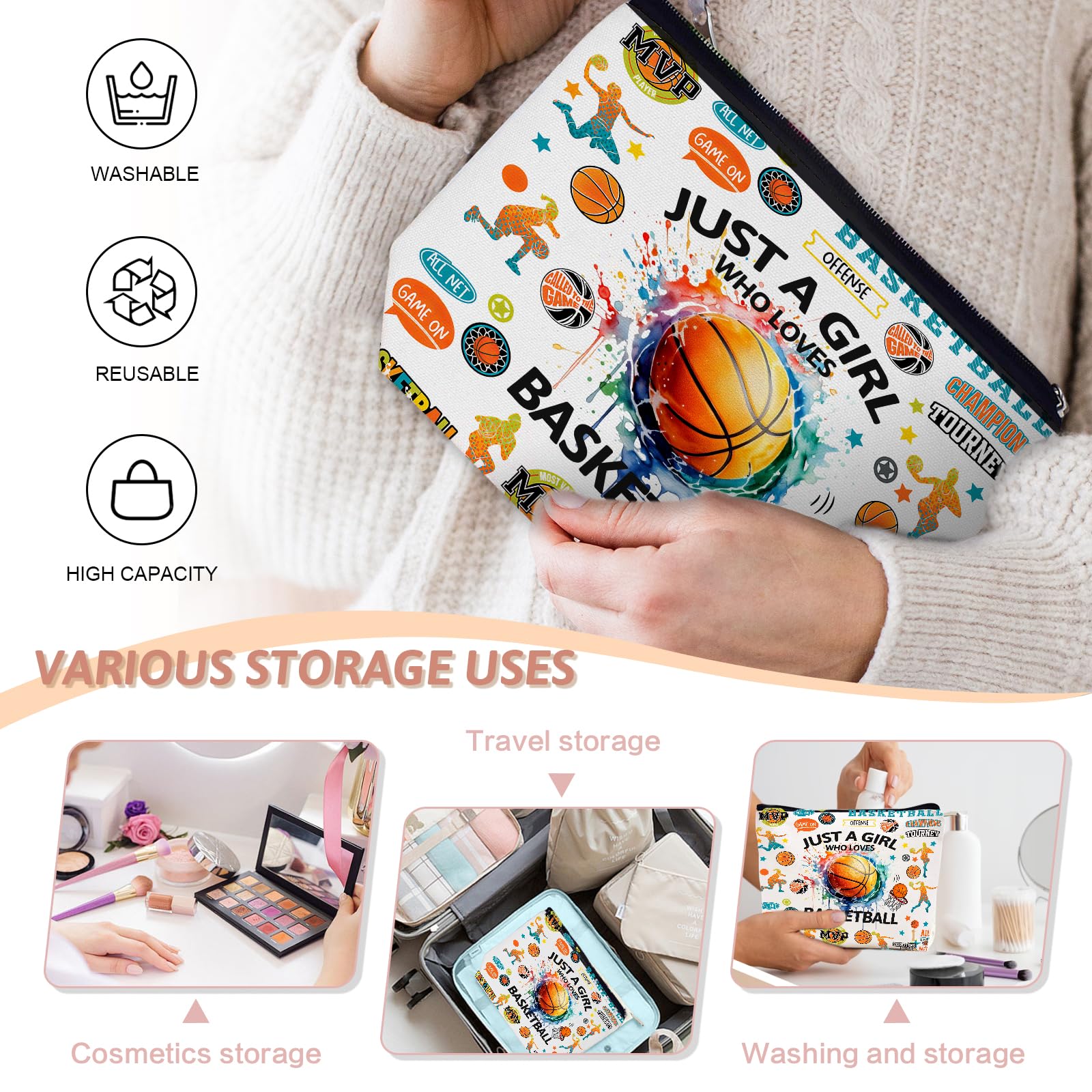 Basketball-Themed Makeup Bag - Perfect Valentine's Day, Christmas & Birthday Gift for Women & Ball Lovers - Great for Sports Fans, Travel & Gym Essentials Storage