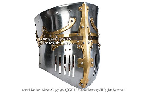 Authentic Medieval Great Bucket Barrel Helm Pot Helmet - 16G Steel with Brass Accents for SCA, LARP & Cosplay | Historical Reenactment & Renaissance Festival Armor