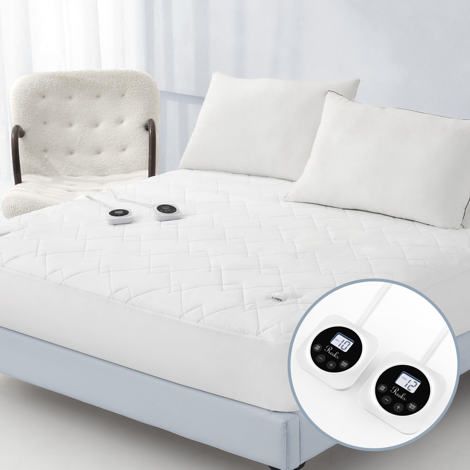 Reaks Electric Heated Mattress Pad - California King Size, Quilted Dual Control with 10 Heat Settings, ETL Certified Bed Warmer with 1-12 Hour Timer & Auto Shut Off, Lighted Buttons, White - Perfect for Cold Nights & Arthritis Pain Relief