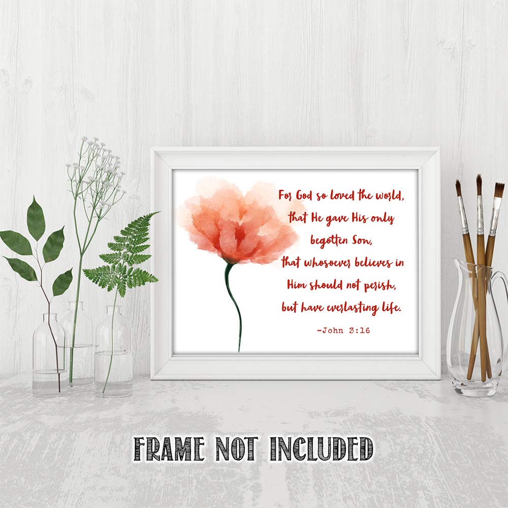 TJ Originals - John 3:16 Bible Verse Wall Art Decor - 11x14 Christian Scripture Print - Inspirational Gift for Family, Friends & Women (Peach Flower) - Perfect for Home, Church & Office Decor