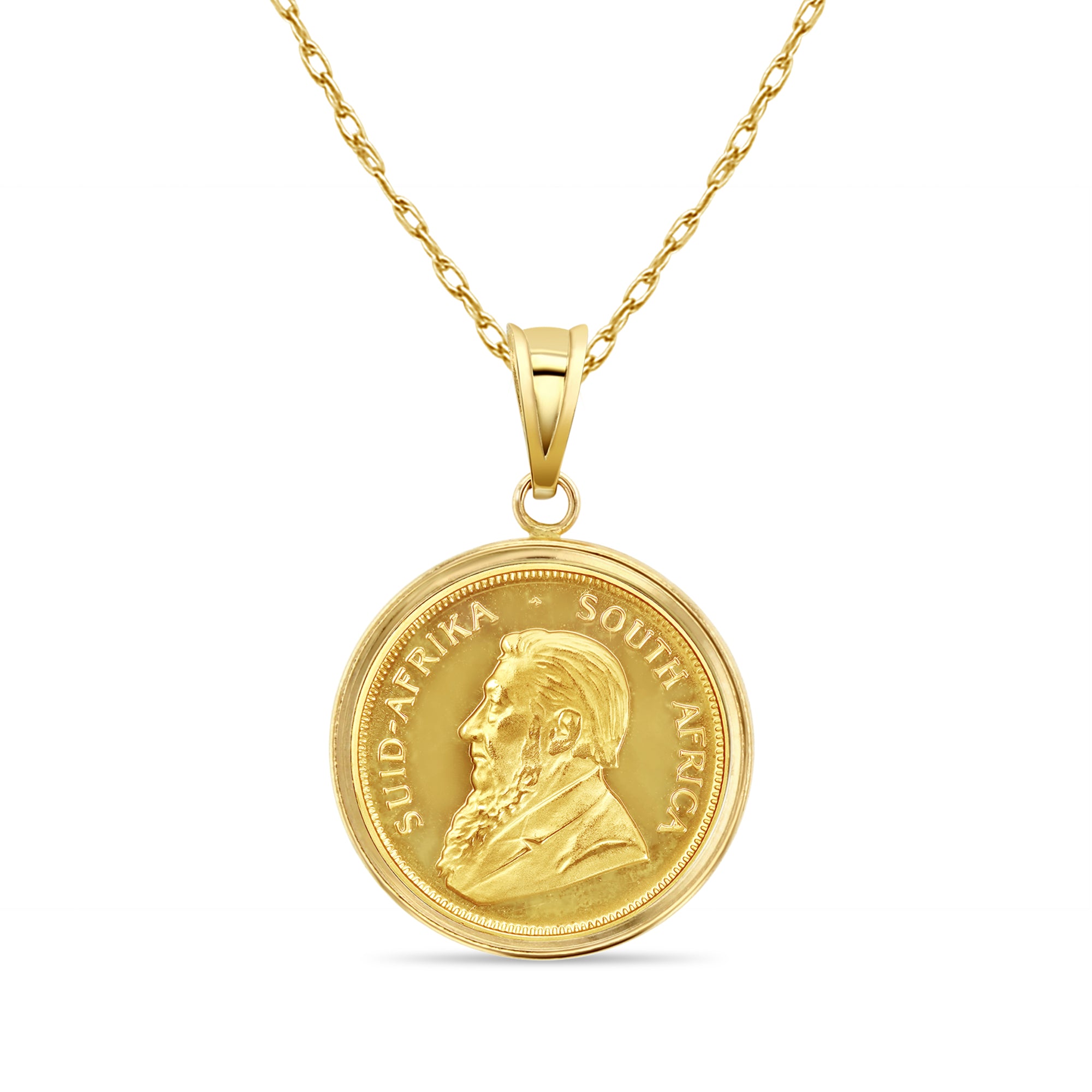 1/2OZ Fine Gold South African Krugerrand Coin Necklace with Polished Halo - Elegant Jewelry for Women, Perfect Gift for Anniversary, Birthday & Special Occasions