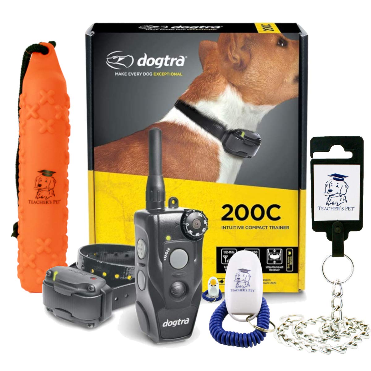 Waterproof Dog Training Collar - Dogtra 200C Remote E-Collar with ½-Mile Range & One-Handed Operation | Includes Teacher's Pet Training Kit, Clicker, Stainless Steel Leash & Hunting Dummy | Perfect for Obedience Training, Hunting & Outdoor Adventures