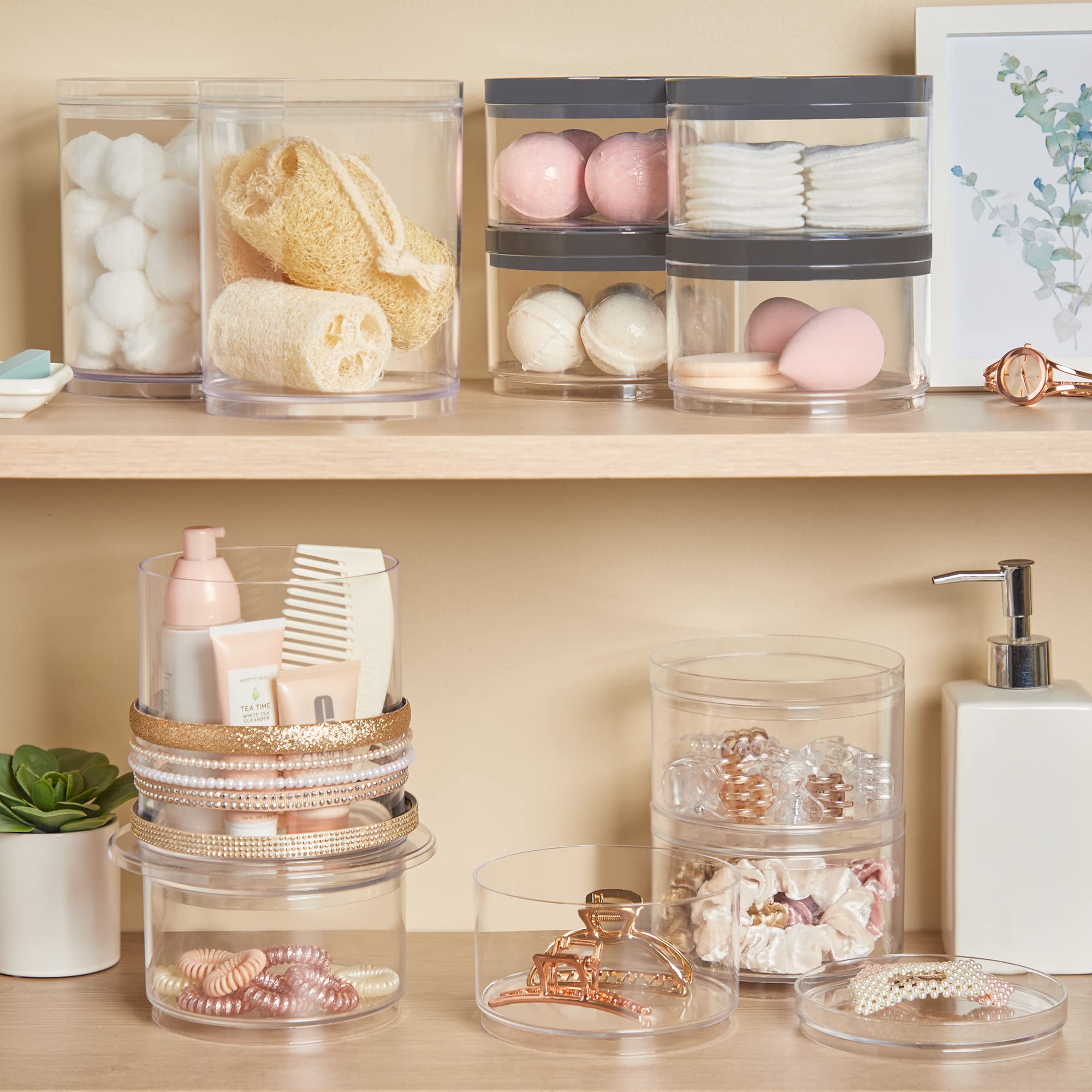 STORi Bella 3-Piece Stackable Clear Plastic Storage Containers with Lids | Round Vanity Organizer for Hair Accessories, Makeup & Beauty Supplies | Bathroom Countertop & Dresser Organization | Made in USA
