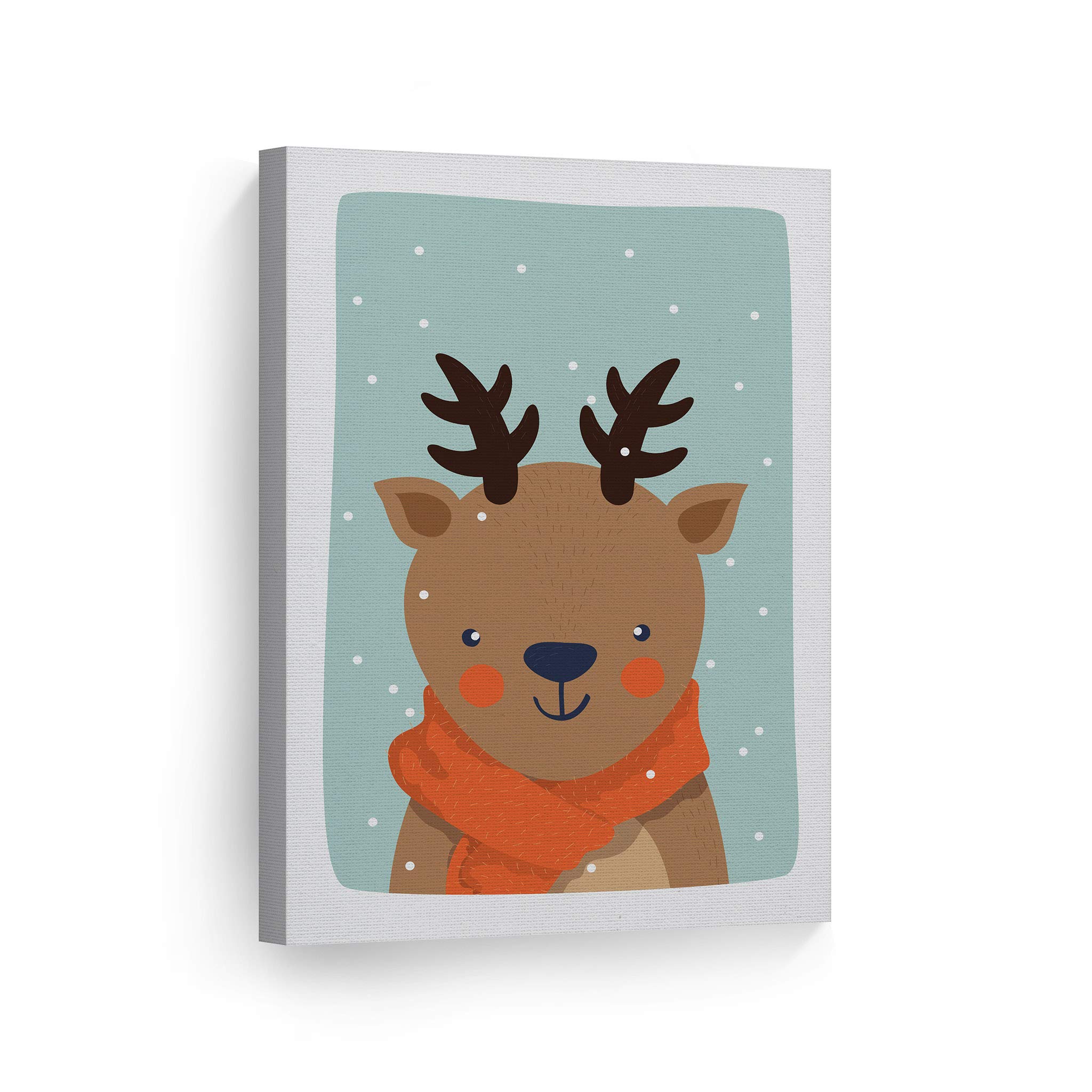 Cute Deer Winter Theme Canvas Print - Turquoise Background Wall Art for Kids Room, Nursery & Baby Room Decor - Ready to Hang 12x8 Inches - Made in USA | Perfect for Children's Bedrooms, Playrooms & Gift Giving