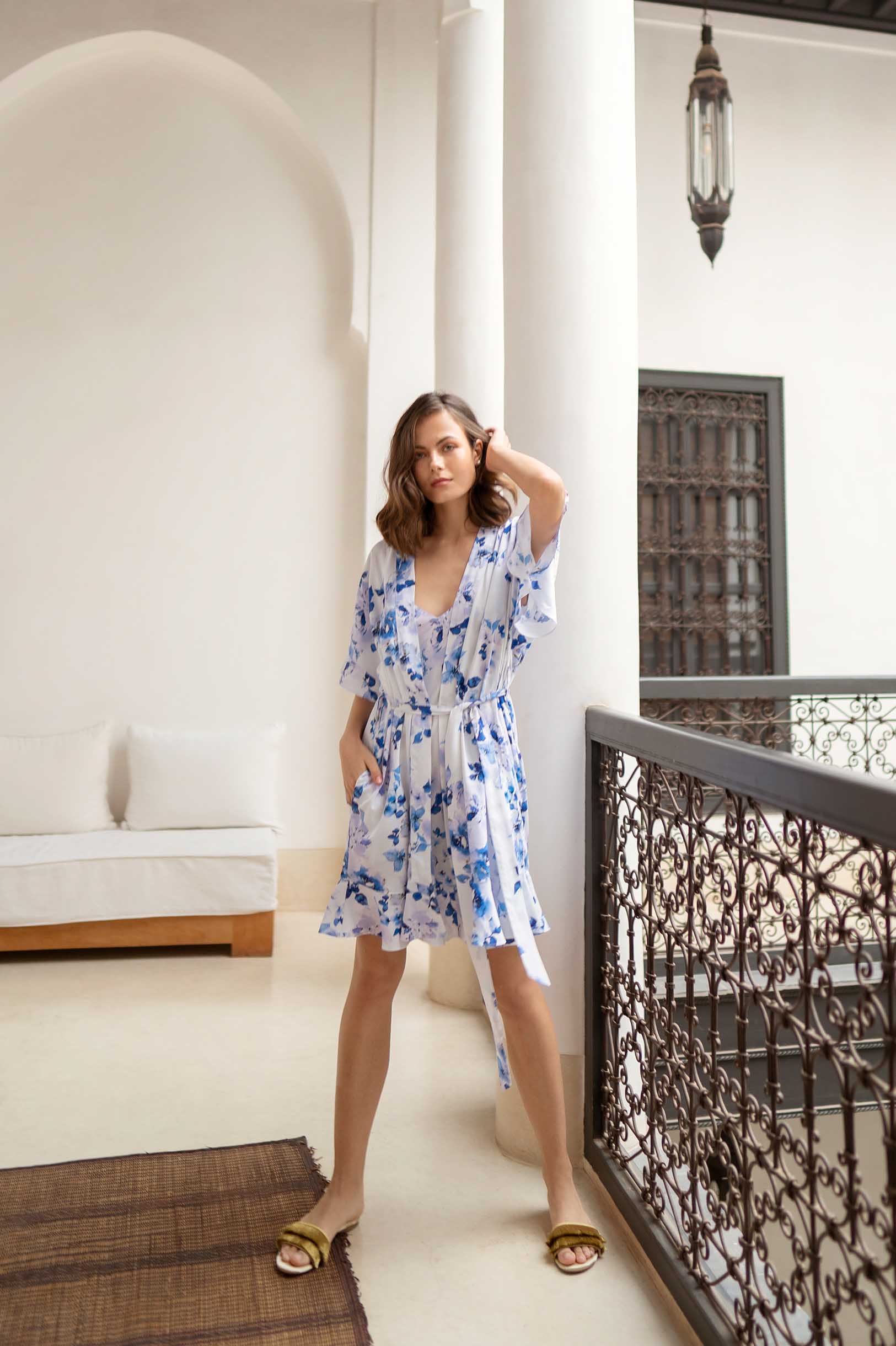 Blue Floral Flounce Robe for Women - Elegant Botanical Print Kimono Style Bathrobe - Perfect for Spa, Beach Cover-Up, and Loungewear