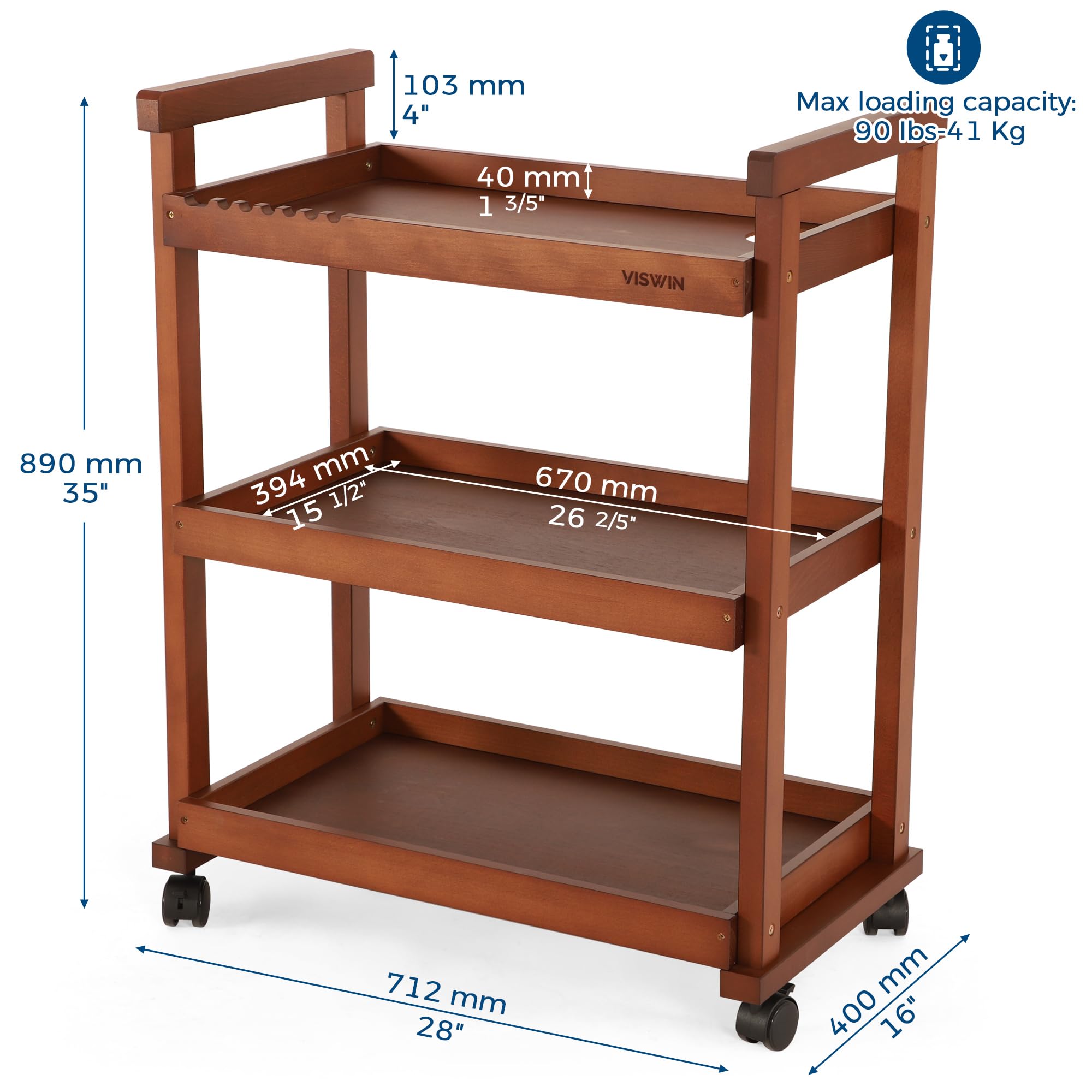 VISWIN 3-Tier Rolling Art Cart Organizer - Solid Beechwood Utility Taboret with Casters, Multifunctional Mobile Storage Trolley for Art Supplies, Classroom & Studio Organization (Walnut Finish) - Perfect for Artists, Teachers & Craft Rooms