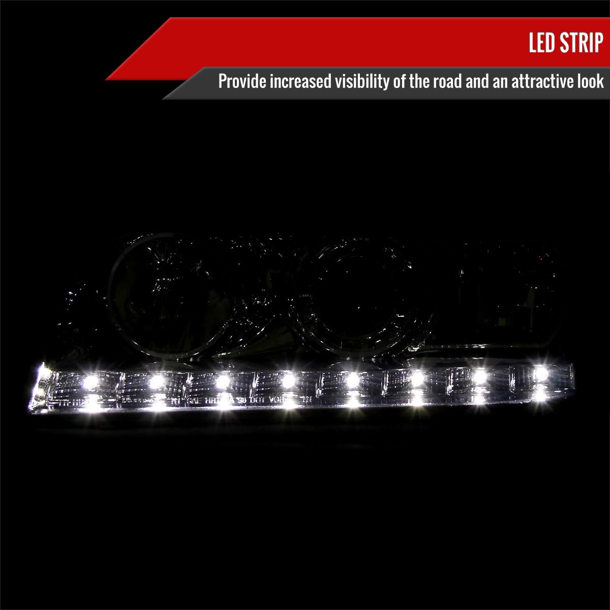 Ford Crown Victoria 98-11 Clear Lens SMD LED Projector Headlights - High Brightness LED Strip Headlights for Night Driving & Enhanced Visibility - Pair